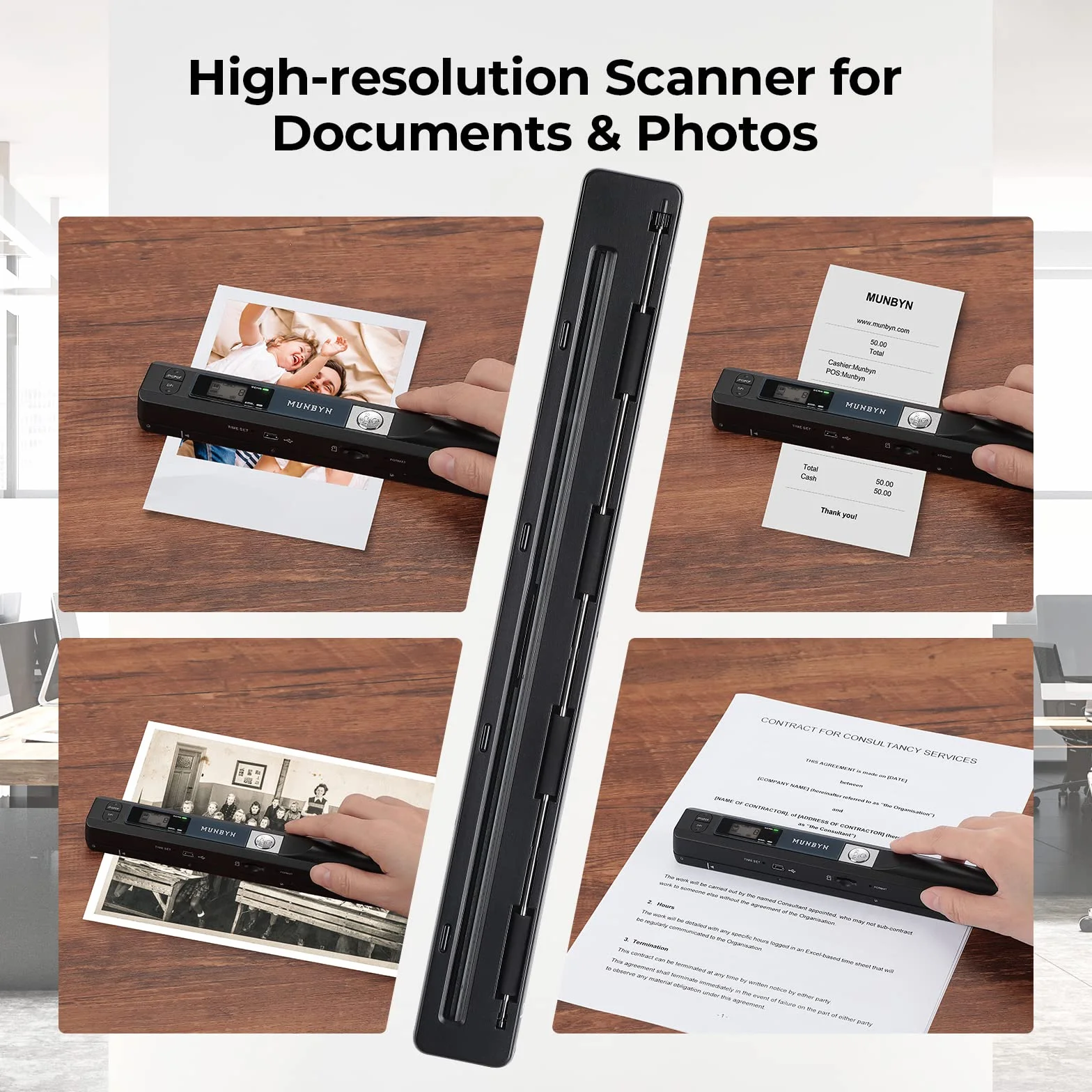 MUNBYN 2026 Escáner Portátil A4 900 dpi Escaneo Plano con Tarjeta SD 16G USB Negro
