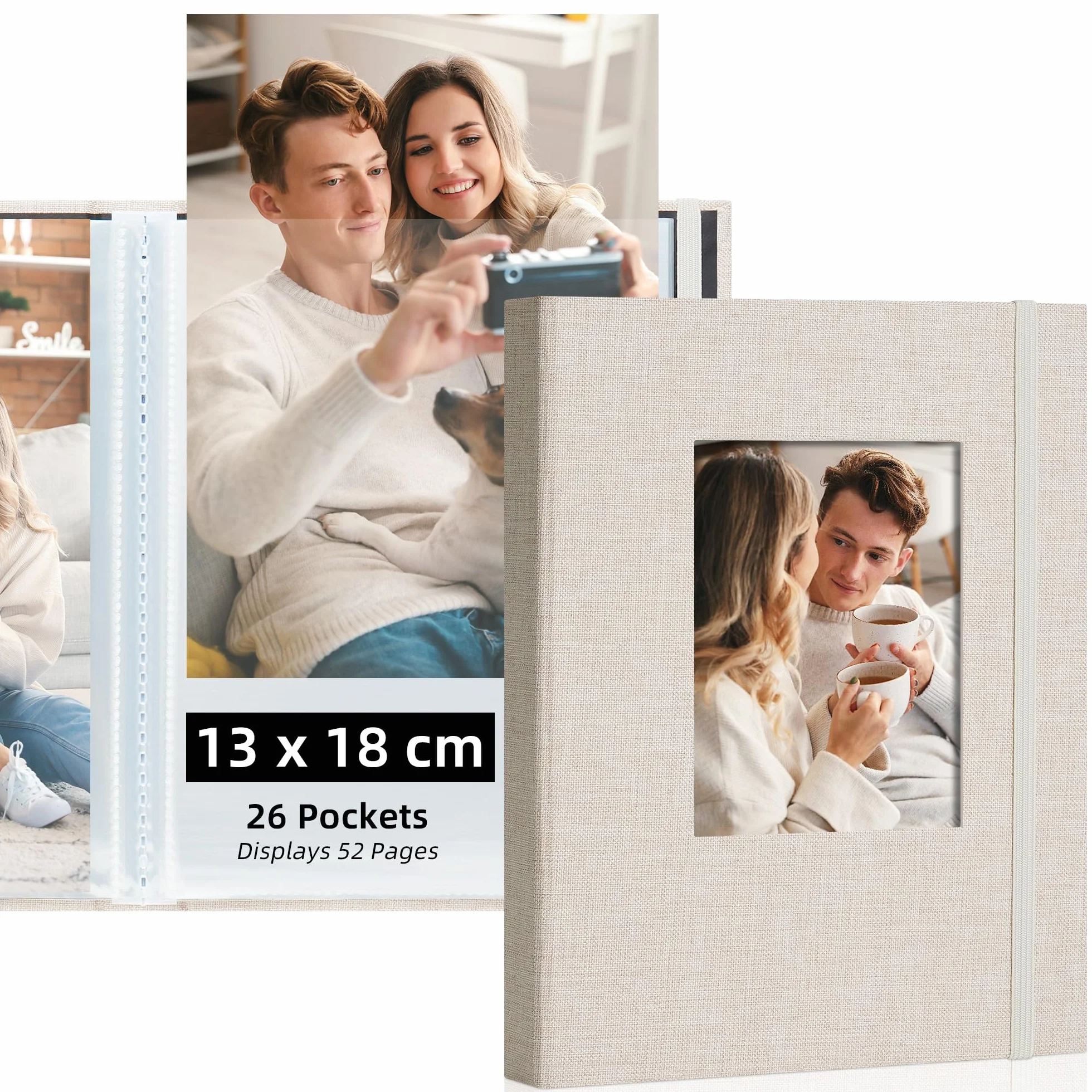 Álbum de Fotos 13x18 con Portada Personalizada – 26 Bolsillos (Capacidad para 52 Fotos) – Álbum Fotos DIY para Familia, Viajes, Bodas, Beige