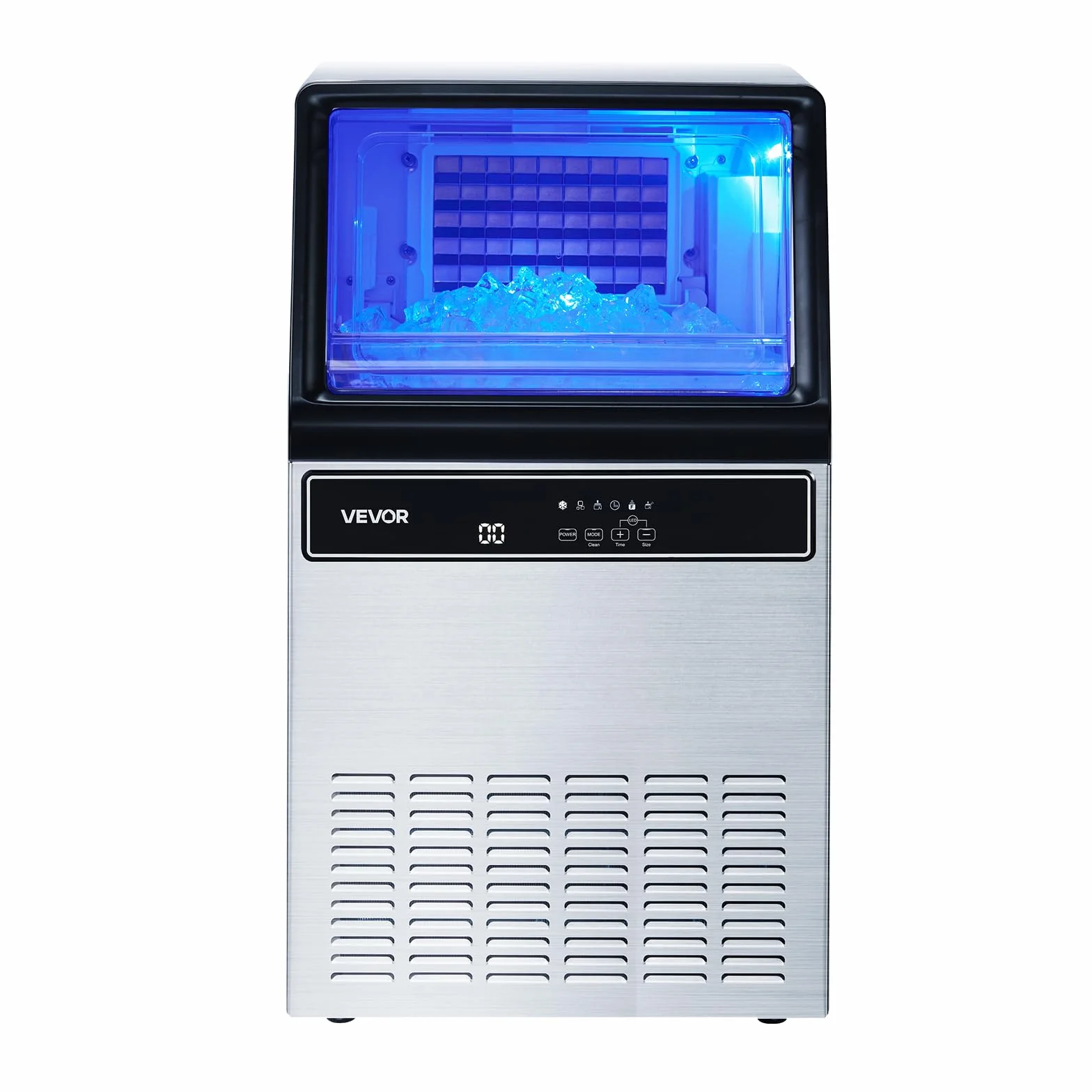 VEVOR Máquina para Fabricar Hielo 54,4 kg/24 h 15 kg Almacenamiento Acero Inoxidable Independiente Encimera Pantalla LED Autolimpieza