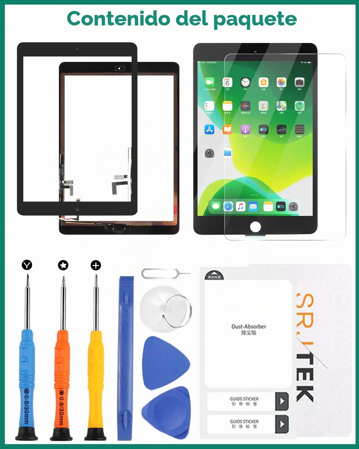 para iPad Air 1 1ª generación de Pantalla táctil digitalizador de Vidrio de Repuesto, para iPad 5 A1474 A1475 A1476 Panel Kit de Piezas de reparación (con botón de Inicio) (Negro)