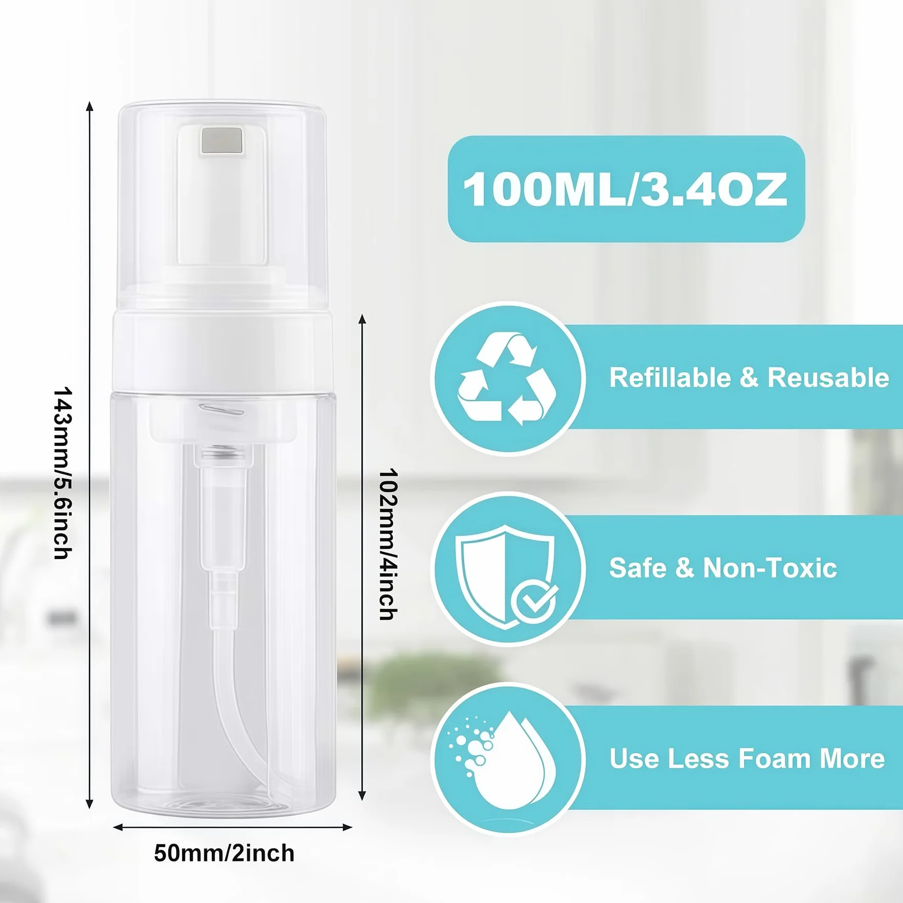 Dispensador de jabón de viaje 100 ml, botellas de espuma rellenables, transparentes, para champú y cosméticos