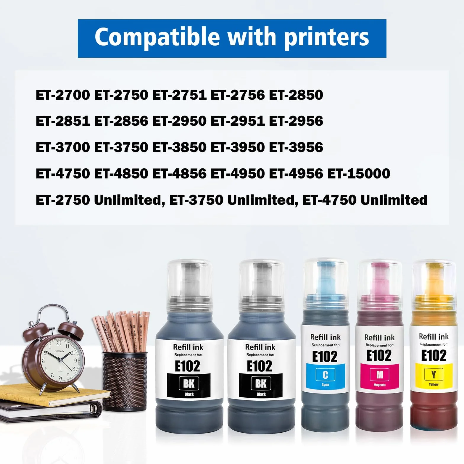 102 Tinta Múltiple Compatible para Epson EcoTank ET-2750 ET-2751 ET-2756 ET-2850 ET-2851 ET-2856 ET-3700 ET-3750 ET-3850 ET-4500 ET-4700 ET-4750 ET-4850 ET-4856 ET-15000 Impresora (BK*2/C/M/Y)