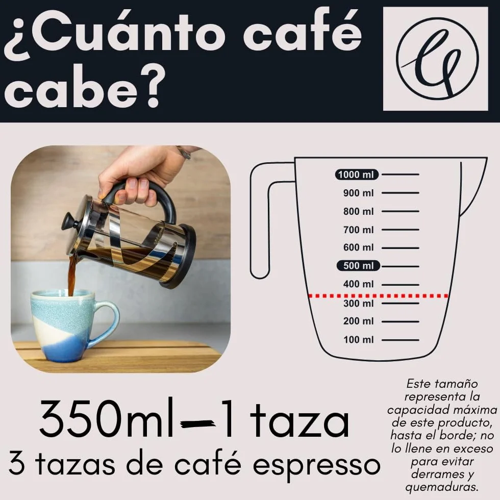 Café Olé Classico Cromo Cafetera Francesa 350 ml Filtro de Malla de Acero Inoxidable Vidrio Cromado