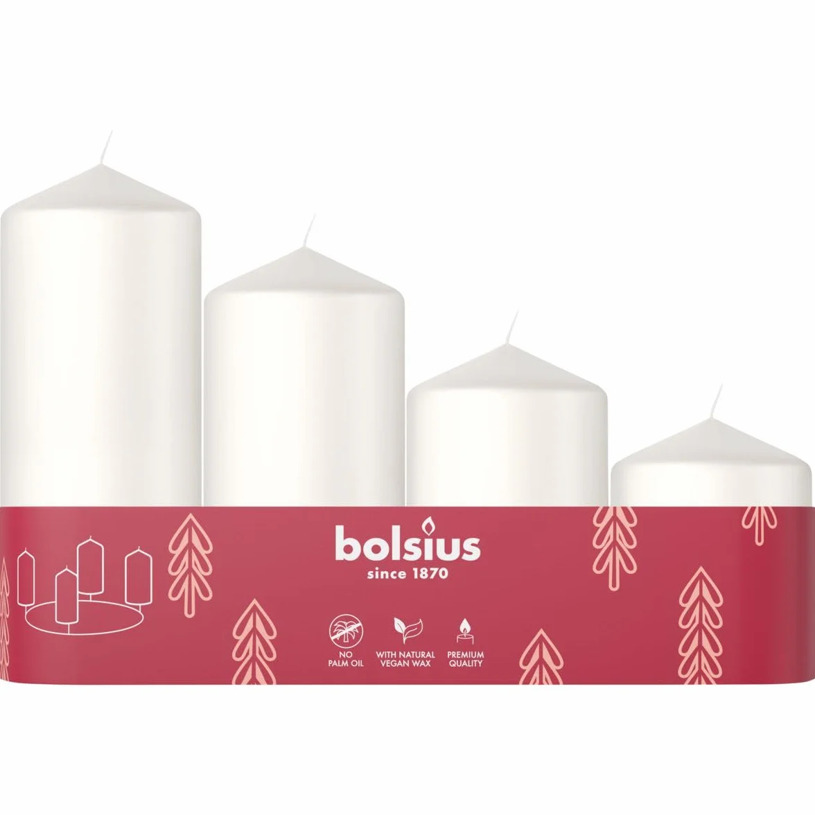 Bolsius - Velas de Pilar Lisas - Juego de 4 - Blanco - Varios Tamaños 12-10-8-6 cm - Ø48mm - Velas Decorativas - Largo Tiempo de Combustión - Sin Perfume - Con Cera Vegetal Natural