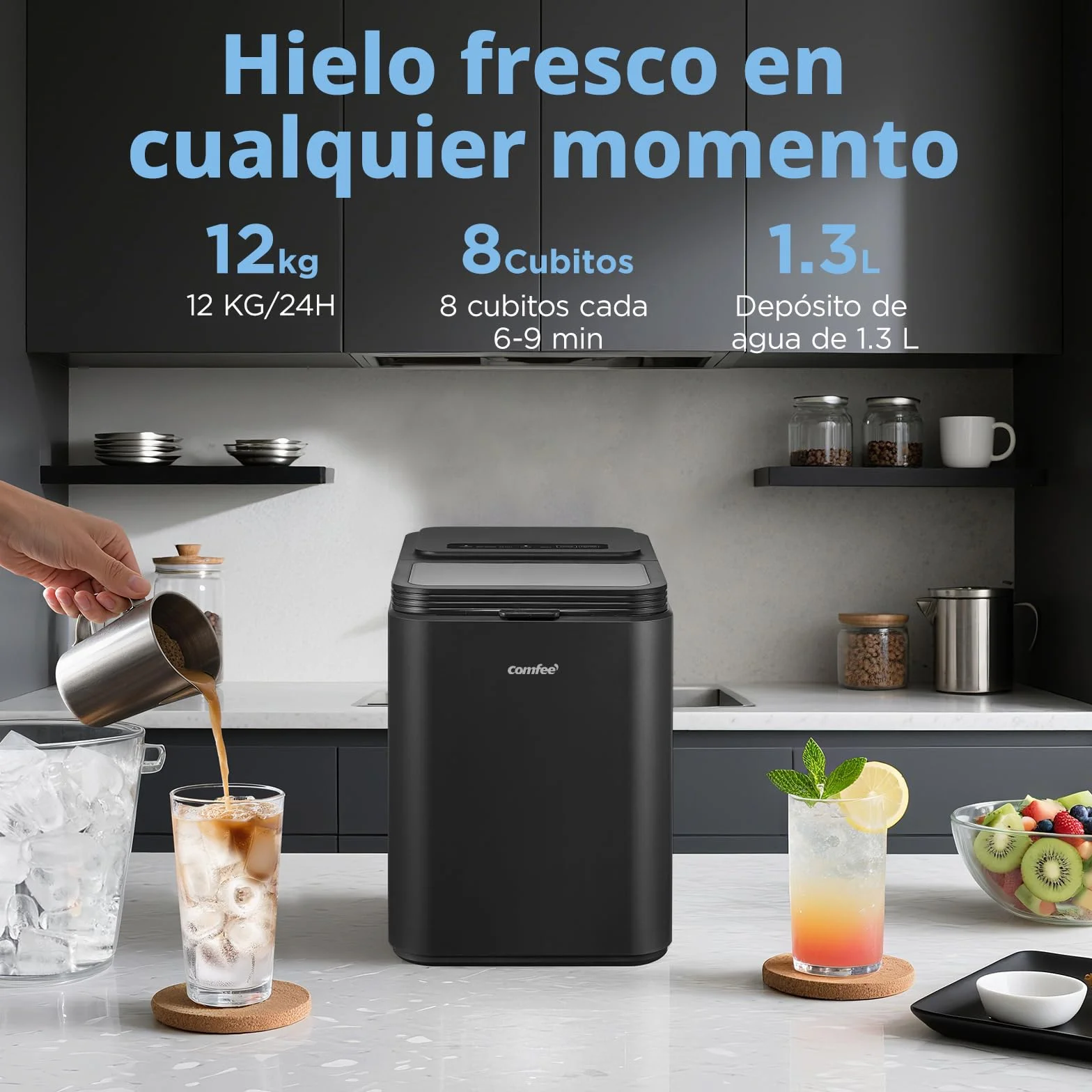Comfee' RCI12BL1EU(E) Máquina de Hielo, 8 Cubitos en 6 Minutos, 12kg/24h, Autolimpiante, 2 Tamaños, Portátil, Negro