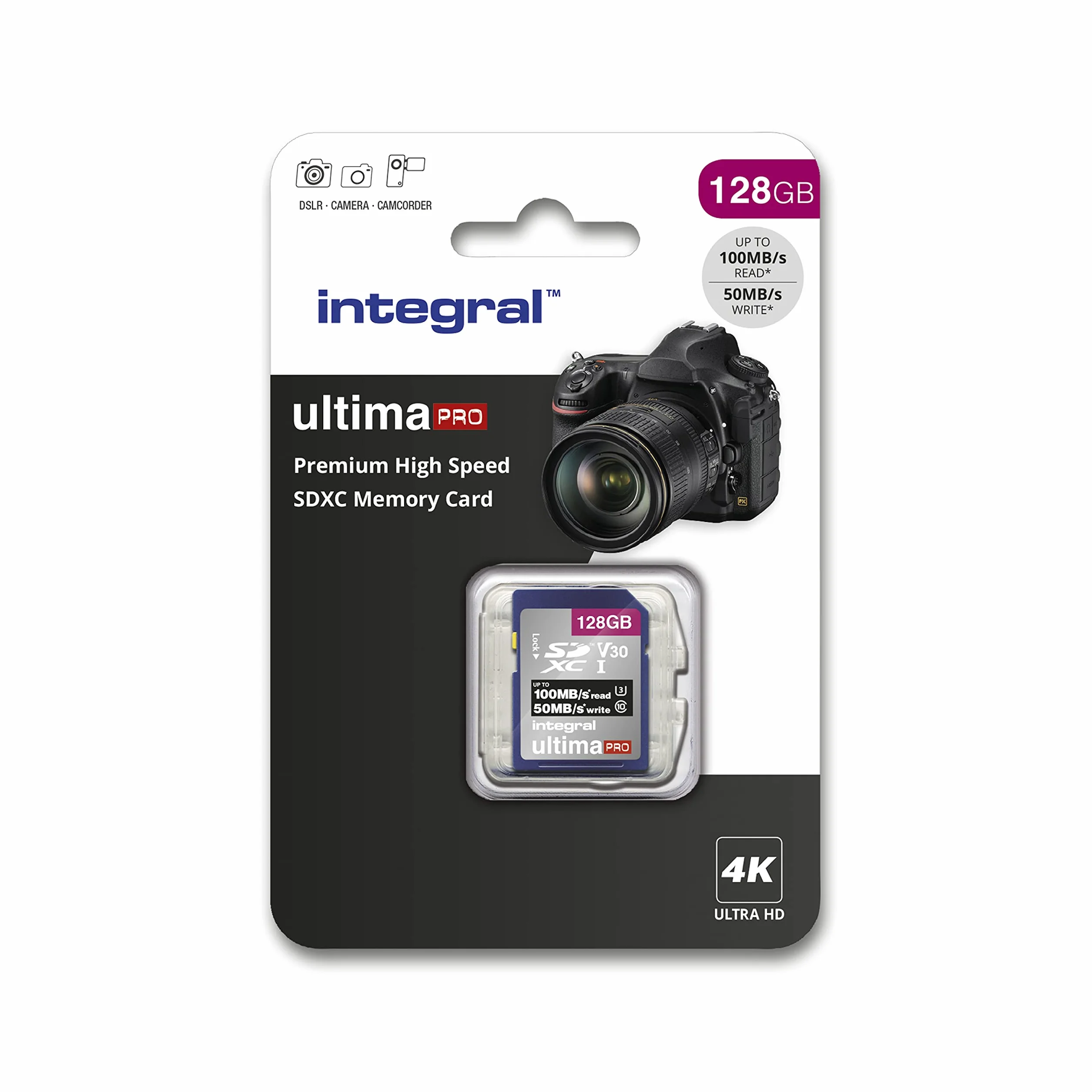 Integral Tarjeta SD de 128 GB Tarjeta de memoria SDXC de alta velocidad 4K Ultra-HD Video de hasta 100 Mb/s Tarjeta de memoria V30 UHS-I U3 Clase 10