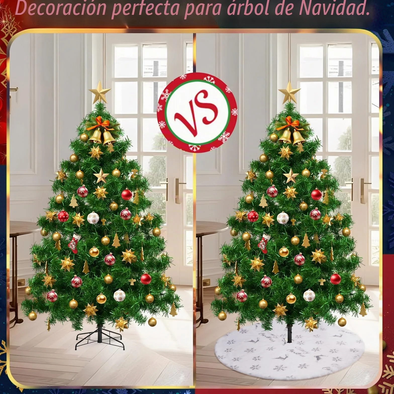Falda Árbol de Navidad Blanco 75cm Alfombra Blanca con Alce Plateado Copo de Nieve Lentejuelas