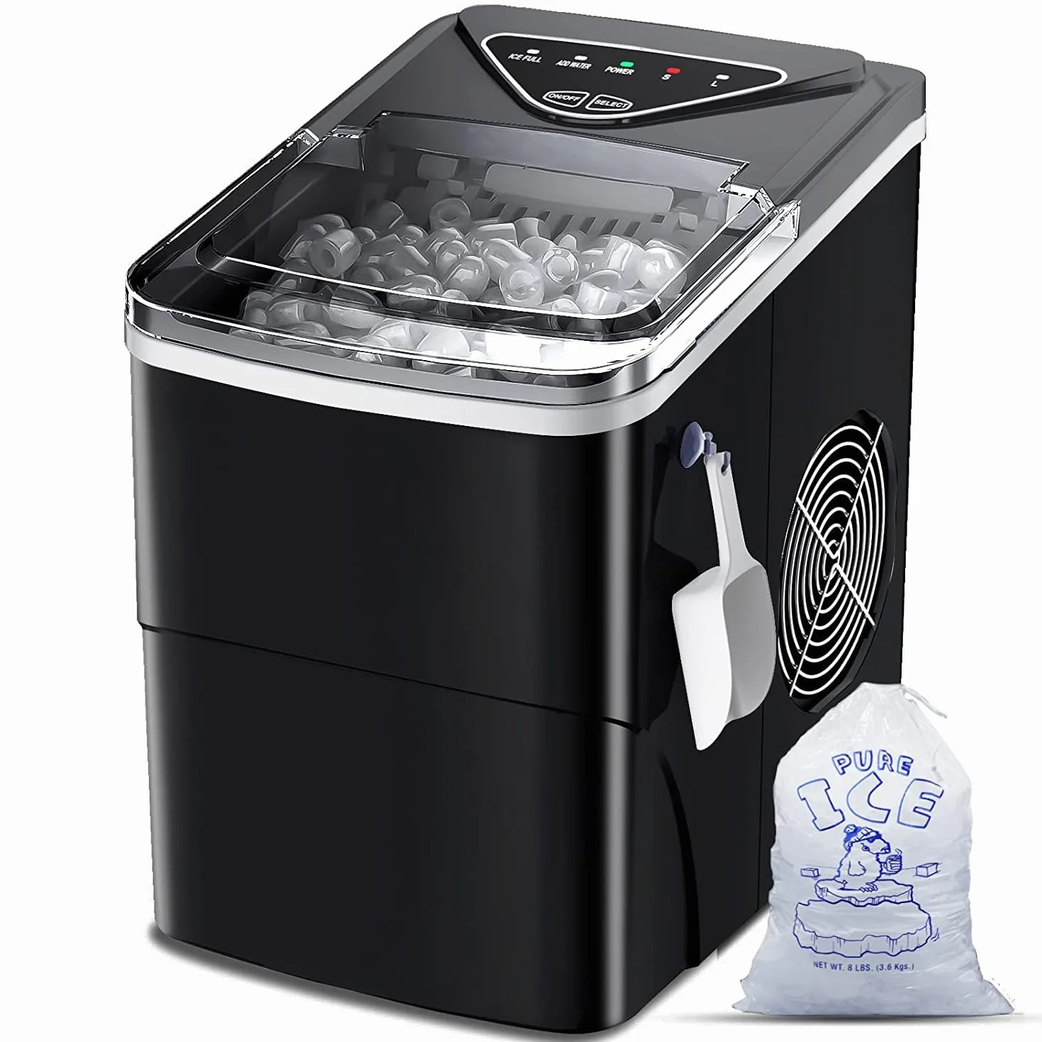 Máquina de Hielo Doméstica, Portátil, Autolimpieza, 9 Cubos en 6 Min, 15KG/24H, Encimera