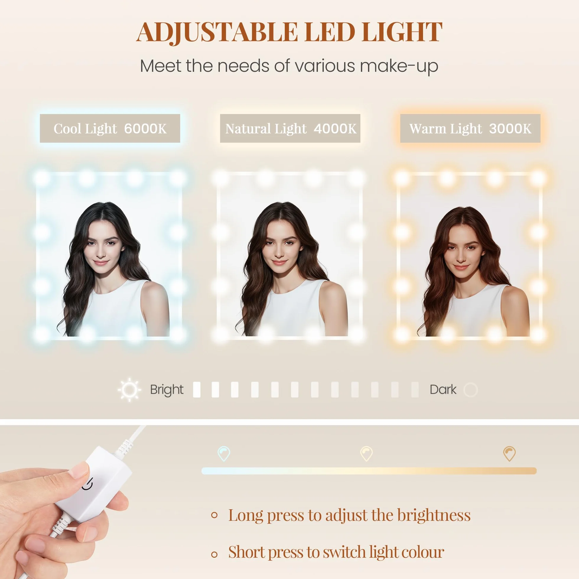 HEXCELEN Tocador de Maquillaje con Luz LED 110 cm, 3 Colores Brillo Ajustable, Espejo Grande, 5 Cajones, Blanco