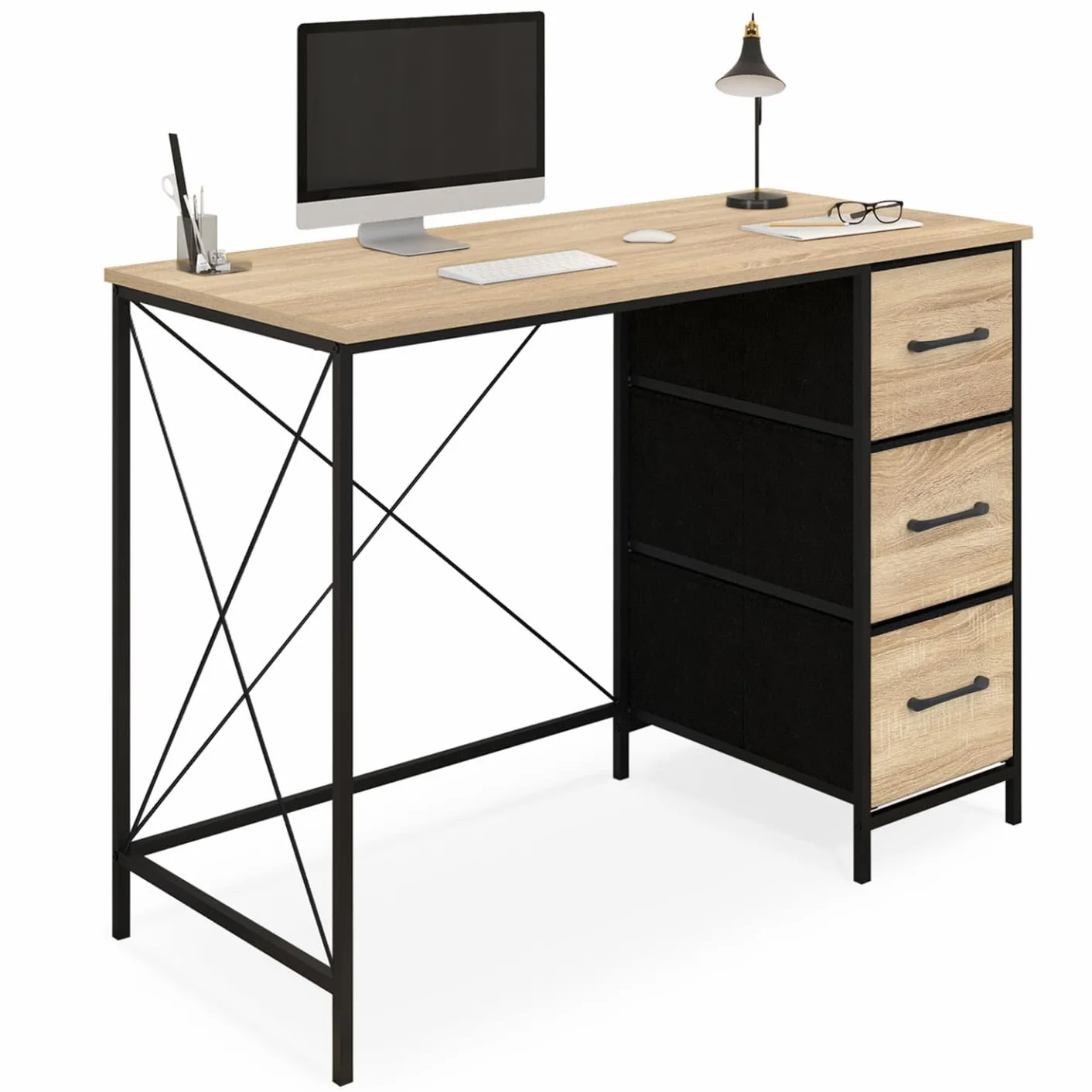IDMarket - Escritorio con 3 cajones de tela Utah madera y negro, diseño industrial