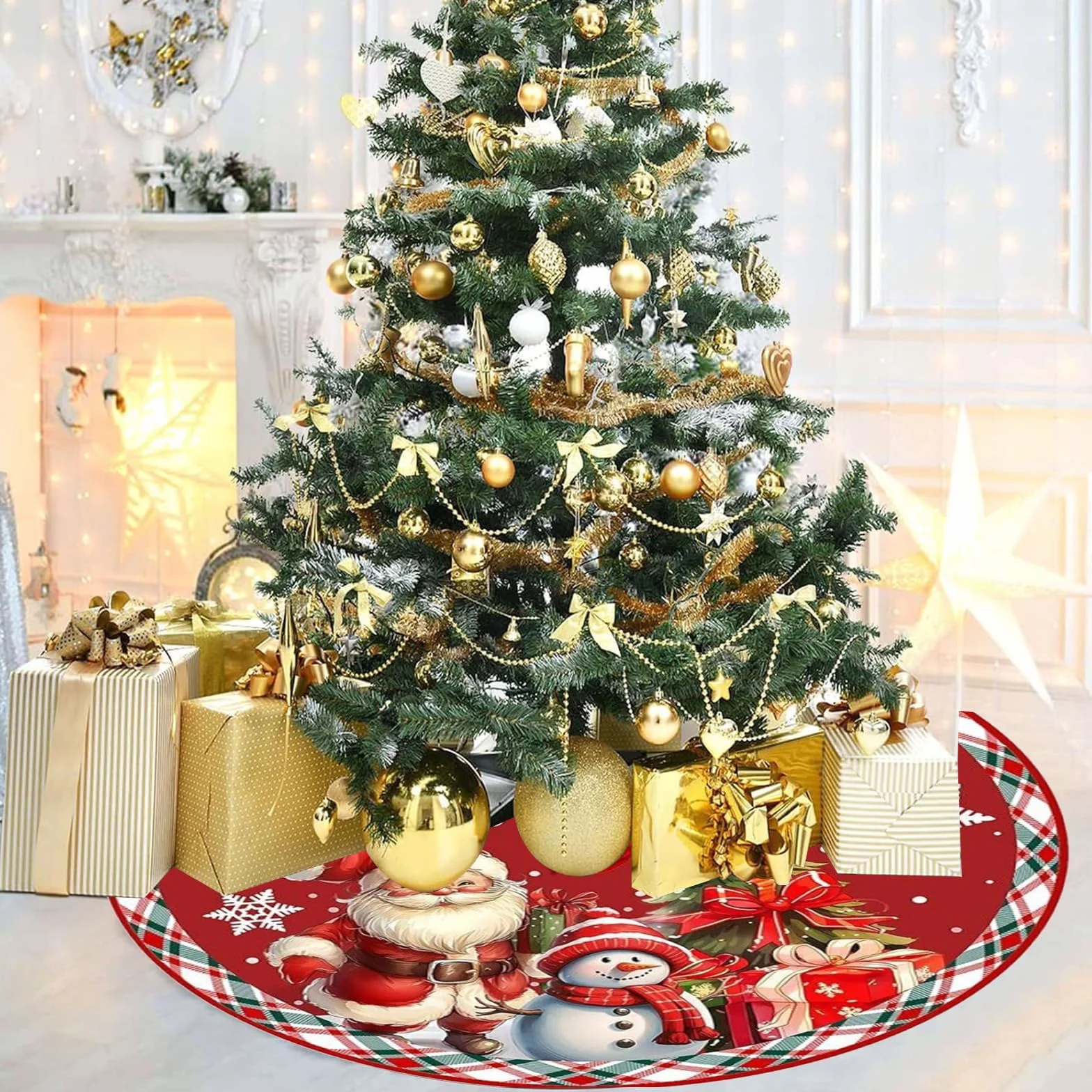 Falda de Árbol de Navidad 90cm Redonda Muñeco de Nieve Base Manta Pie Casa Decoración Navidad