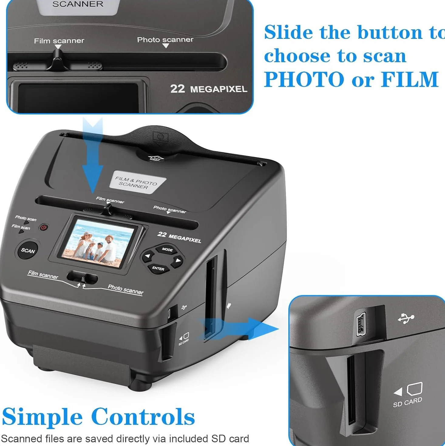 Escáner de fotos de película LCD de 22 MP, 2,4 pulgadas, convertidor digital, convierte negativos de 35 mm/135 mm, diapositivas y tarjetas de visita en JPEG digital, USB, tarjeta SD de 4 GB