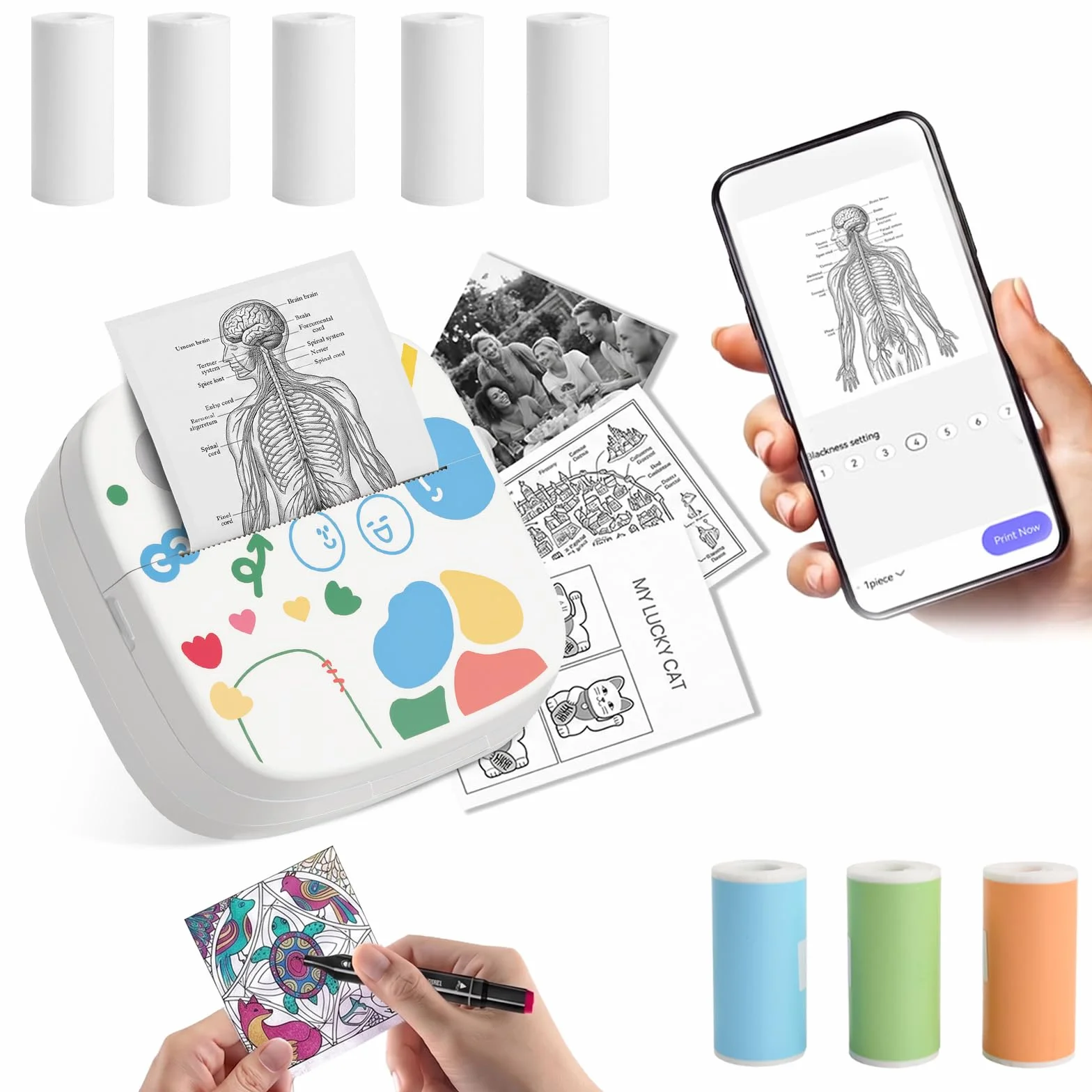 Mini Impresora Térmica con Conexión Inalámbrica, Impresora Fotográfica Portátil para Smartphone, Etiquetas Autoadhesivas Sin Tinta, para Fotos, Notas y DIY, 9 Rollos Incluidos
