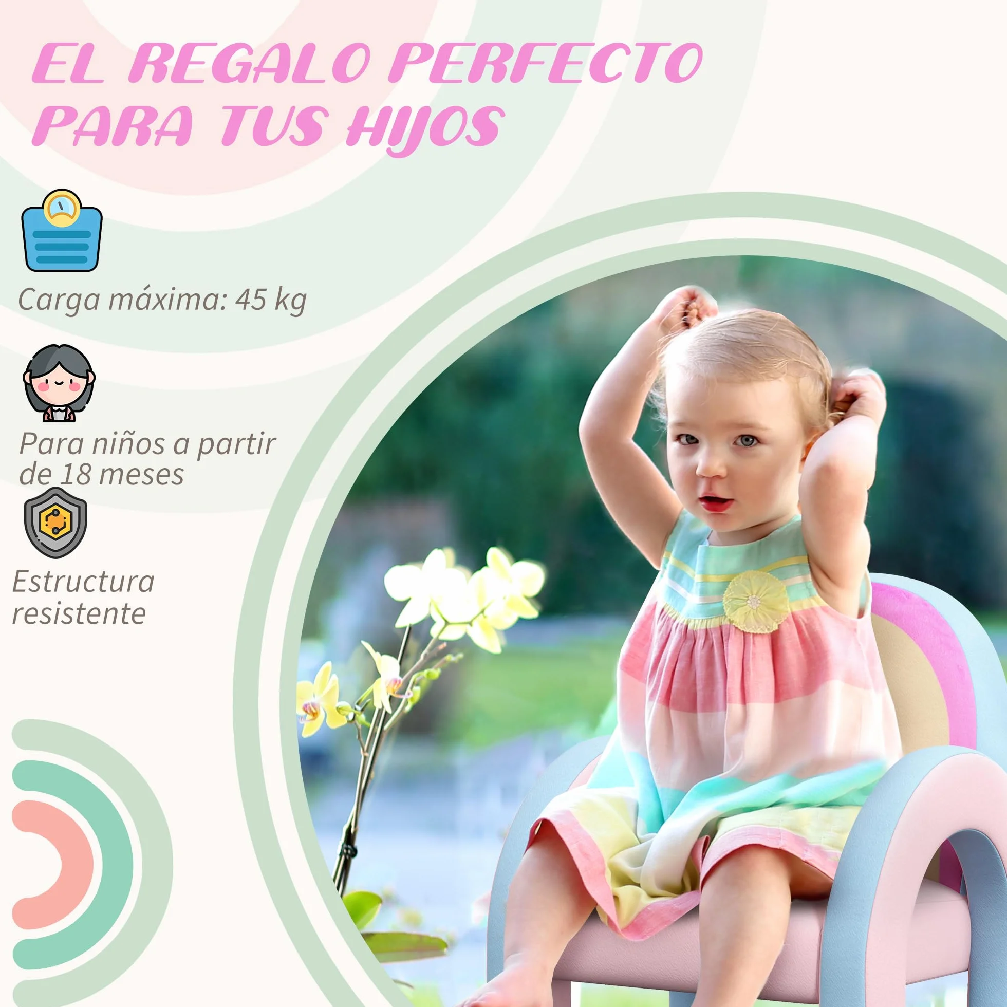 ZONEKIZ Sillón Infantil Arco Iris Mini Sofá para Niños 1,5-3 Años 45 kg 43x41x51 cm Rosa
