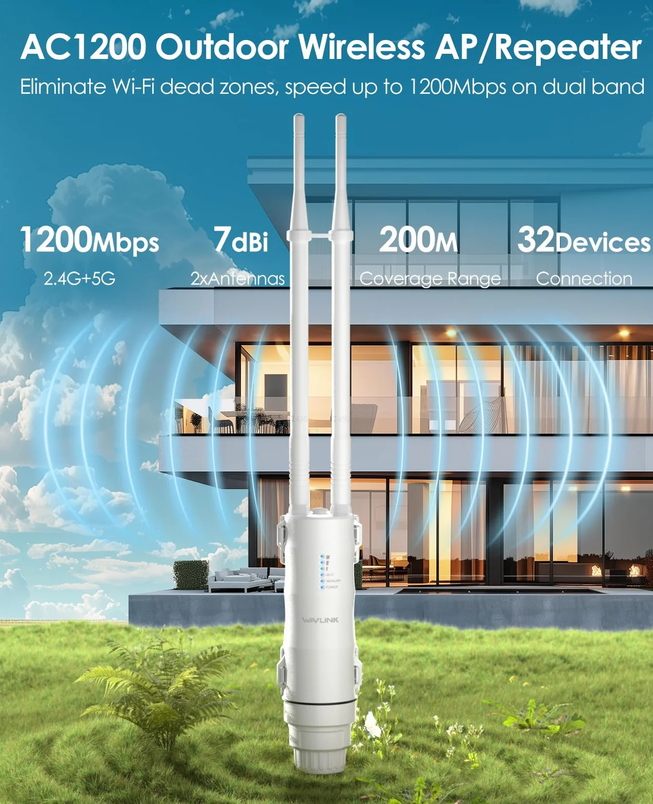 WAVLINK AC1200 Repetidor WiFi Exterior Largo Alcance PoE - Amplificador de Señal Doble Banda 2.4G+5G IP67 Impermeable, Punto de Acceso Outdoor con Antenas Potentes, Ideal para Jardín Piscina Parking