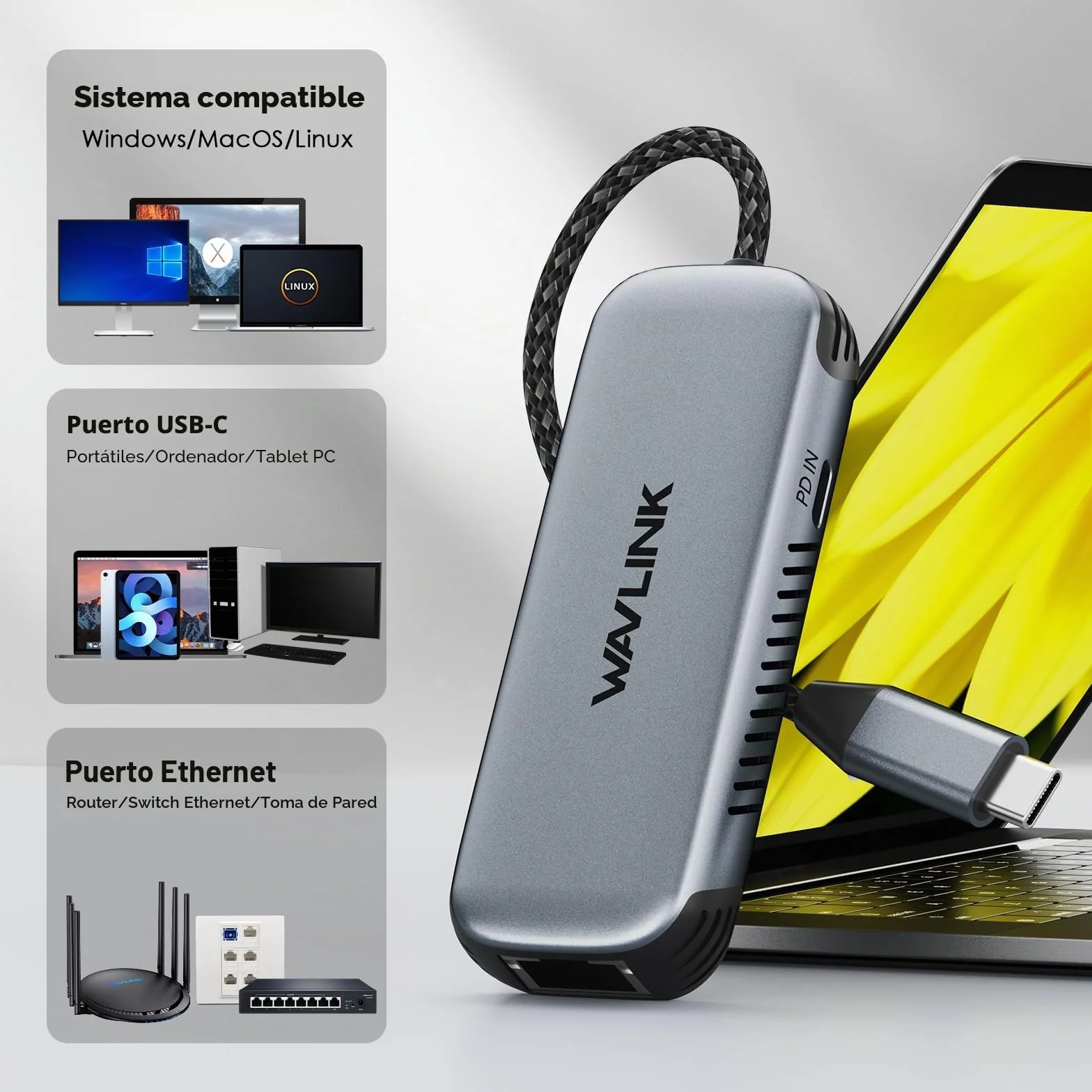 WAVLINK USB C to Ethernet Adapter with 95W PD, Gigabit 5Gbps Ethernet to USB C RJ45 Adapter Compatible with Laptop, Win 10/11, Mac OS 11 o Posterior, Linux.