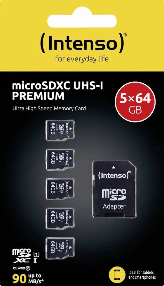 Intenso Premium microSDXC - Tarjeta de Memoria (5 Unidades, 64 GB, Clase 10, UHS-I, Incluye Adaptador SD), Color Negro