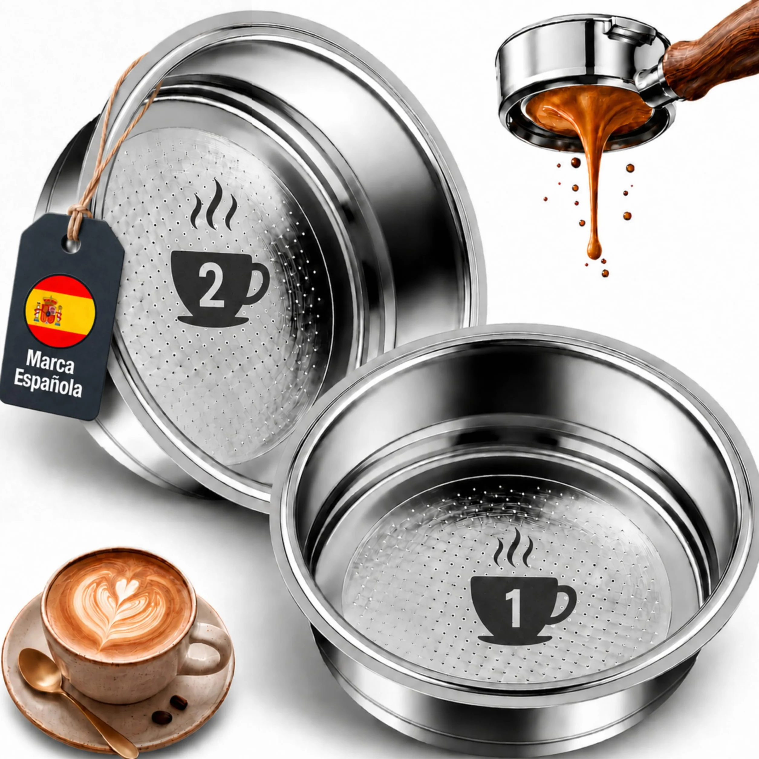 2x1 Filtros Presurizados para Cafetera Cecotec de 1 y 2 Tazas (51mm) - Pack 2 Filtro de Repuesto Resistente y de Fácil Limpieza - Accesorios de Recambio Duraderos para Cafetera Power Espresso Cecotec