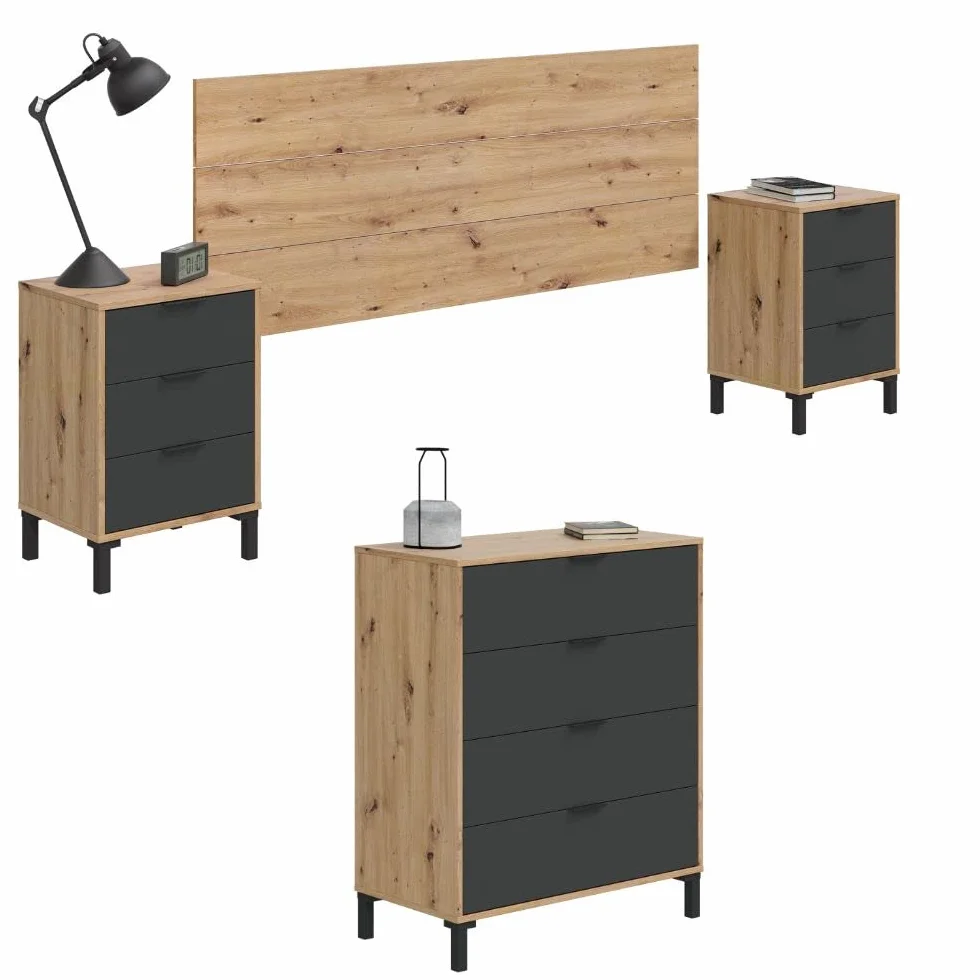 Mobelcenter, Conjunto Dormitorio Matrimonio Enzo, Color Roble Nodi y Gris Antracita, Cabezal para Camas de 135 y 150 cm, 2 Mesitas 3 cajones y Cómoda 4 cajones (1327, 1328)