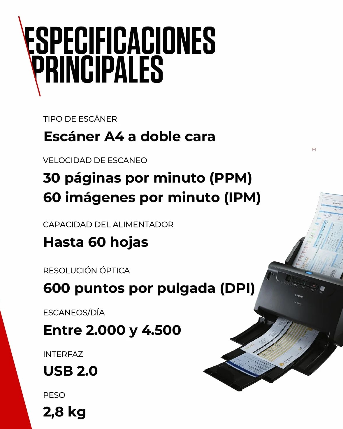 Canon imageFORMULA DR-C230 Escáner de Documentos | Escaneo a Doble Cara con USB en hogar y Oficina | Alimentador automático de 60 Hojas | hasta 30 pág por min | Incluye Software Canon CaptureOnTouch