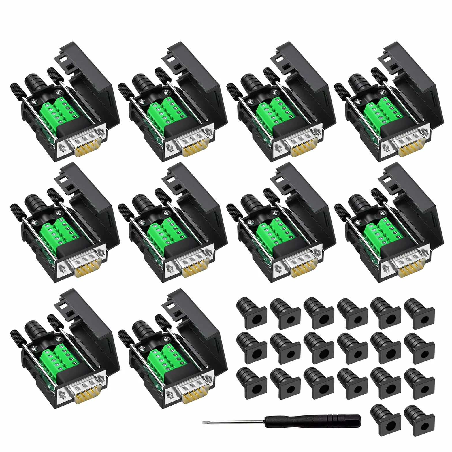 DB9 Conector de conexión a terminal de cableado RS232 D-SUB, adaptadores serie macho, placa de ruptura, módulo sin soldadura con funda (10 adaptadores macho)