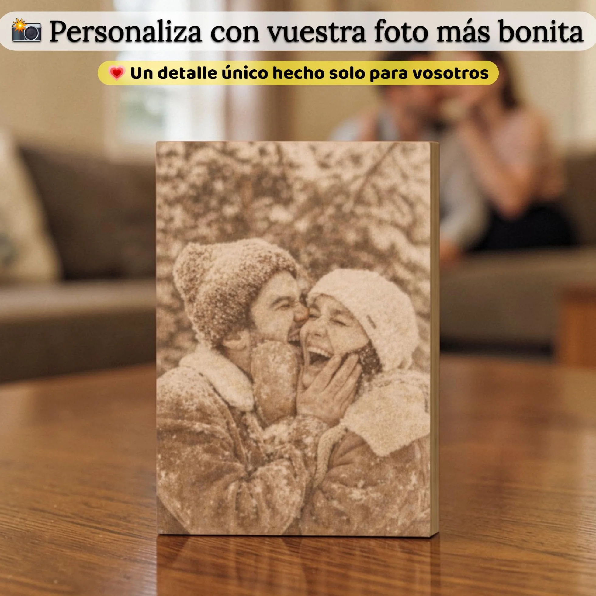 Regalo Personalizado para Pareja con Foto y Texto en Madera Natural - Cuadro Romántico Grabado con Imagen y Dedicatoria para Novio o Novia