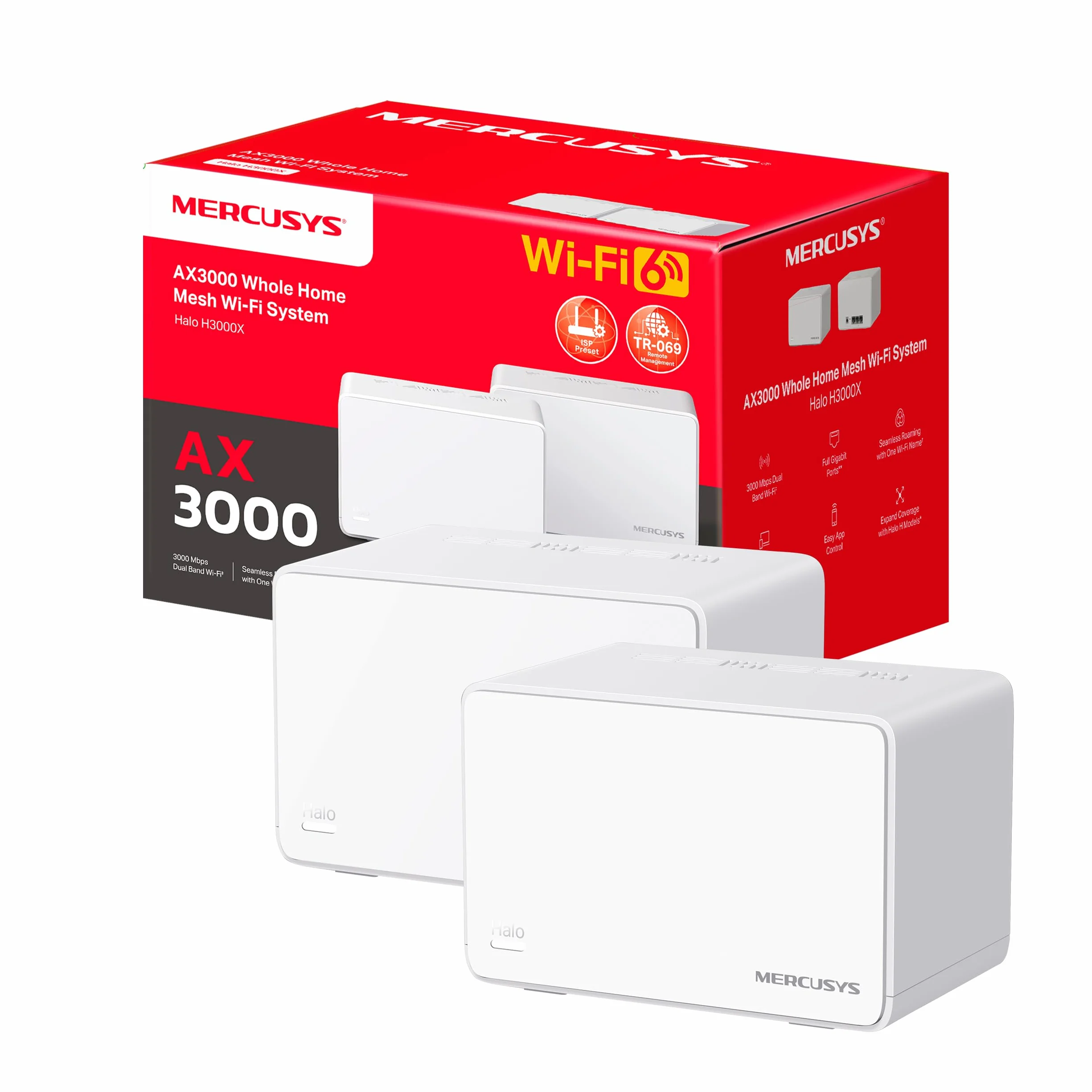 Mercusys Halo H3000X(2-Pack) - Router Sistema WiFi 6 Mesh, AX3000, Doble Banda, Cobertura hasta 420 m², 3X Puerto Gigabit por Unidad, Administración de la Red, Fácil Configuración con App, WPA3