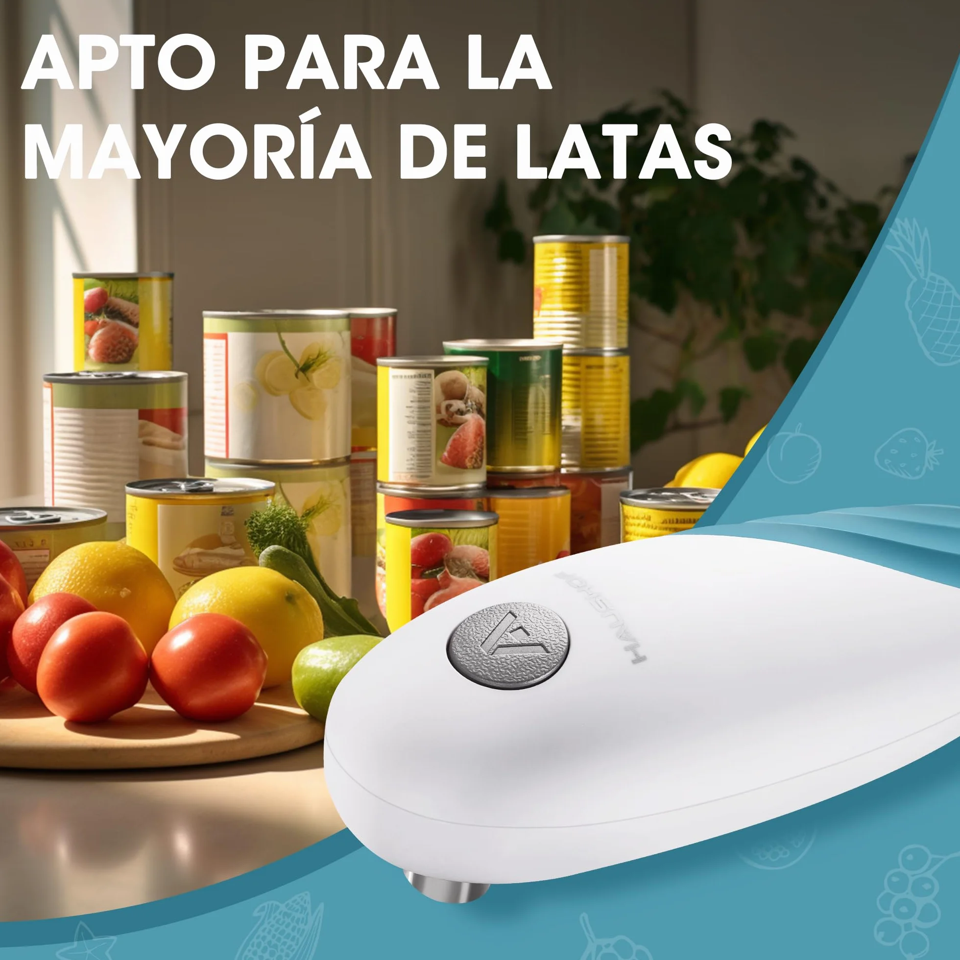 HAUSHOF Abrelatas Eléctrico Automático Inalámbrico, para Personas Mayores y Cocineros, Manos Libres, Azul