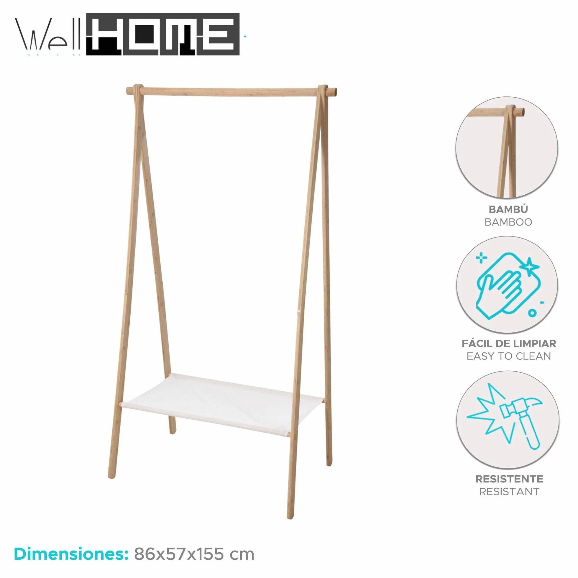 Well Home Perchero en bambú con Estante 86x57x155 cm Natural