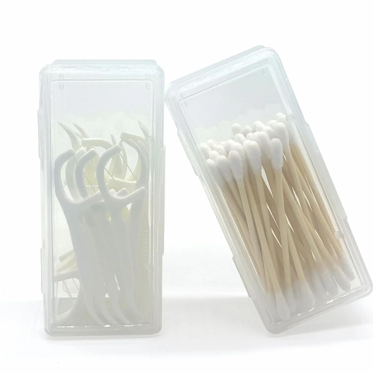 SwirlColor Dispensador de algodones para viajes, soporte de hisopo de algodón caja de bastoncillos de algodón portátiles caja transparente con tapa para hisopos de algodón (2)