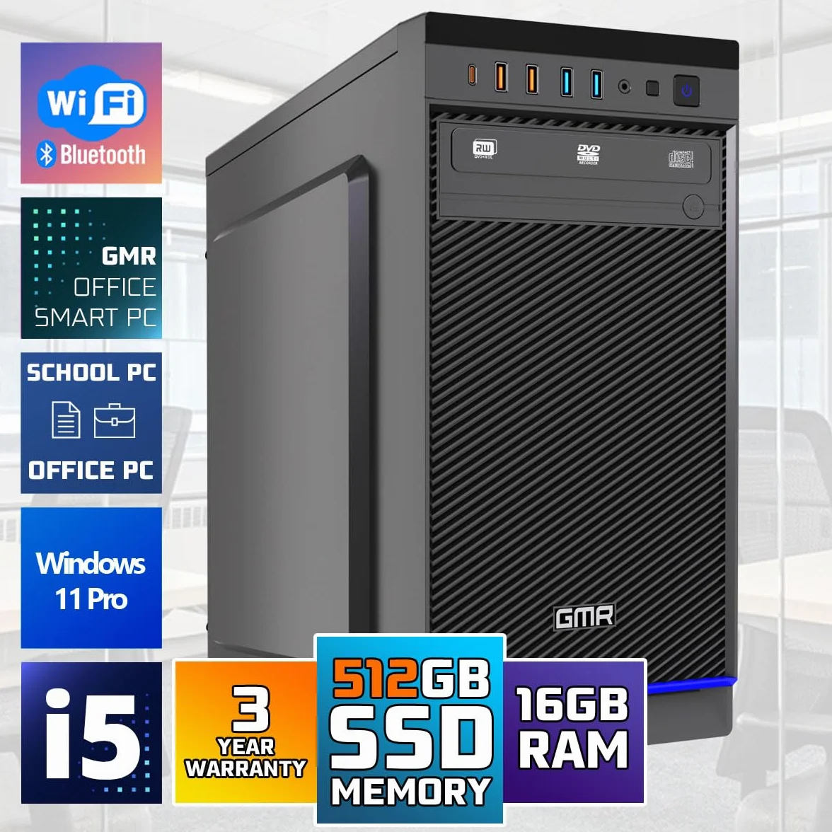 GMR Ultra i5 Office PC - Ordenador de Oficina para Empresas | 3 Años de Garantía | 16 GB de RAM | SSD M.2 de 512 GB | USB 3 | Windows 11 Pro | WiFi-Bluetooth