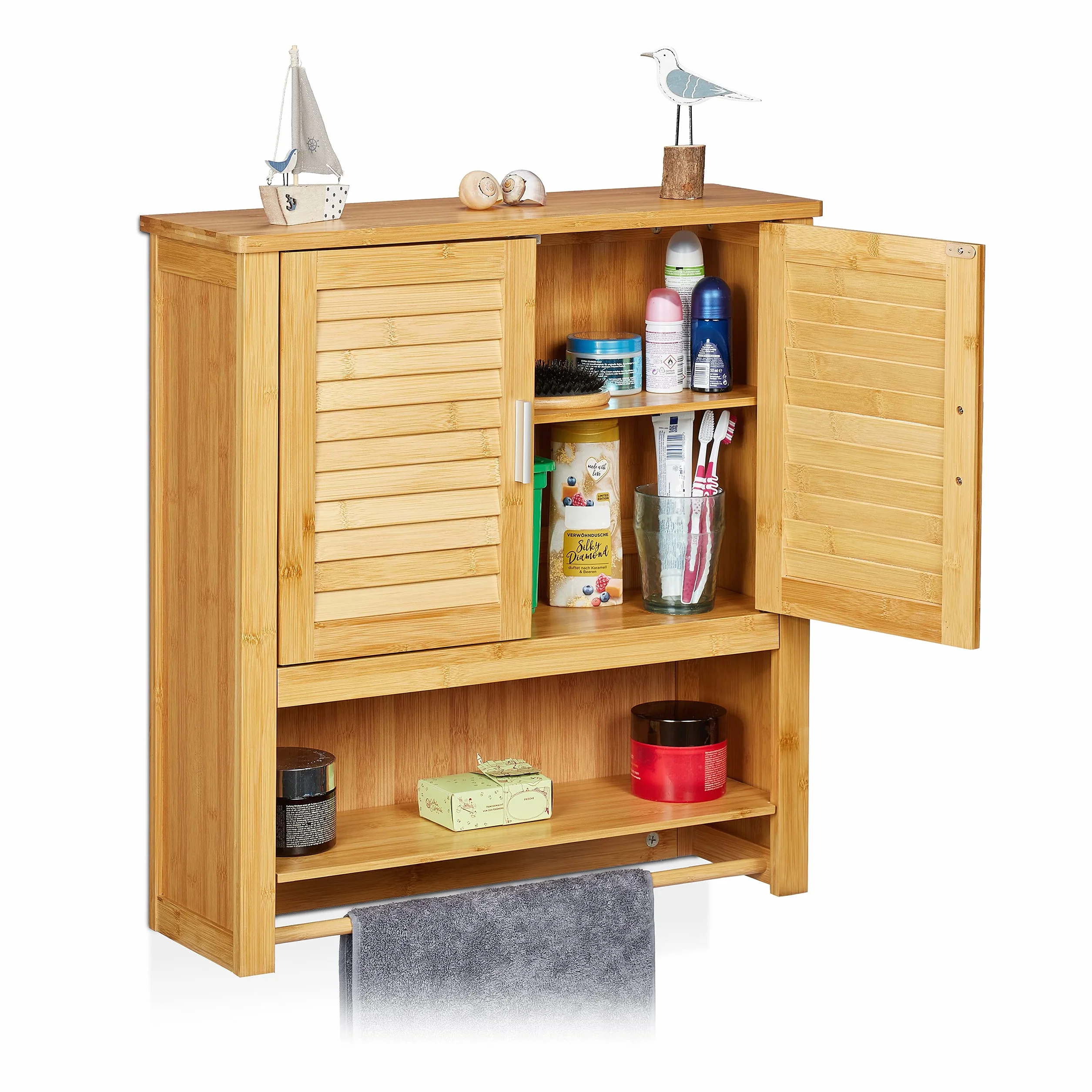 Relaxdays Estante de pared LAMELL bambú 66x62x20 cm 2 puertas color natural