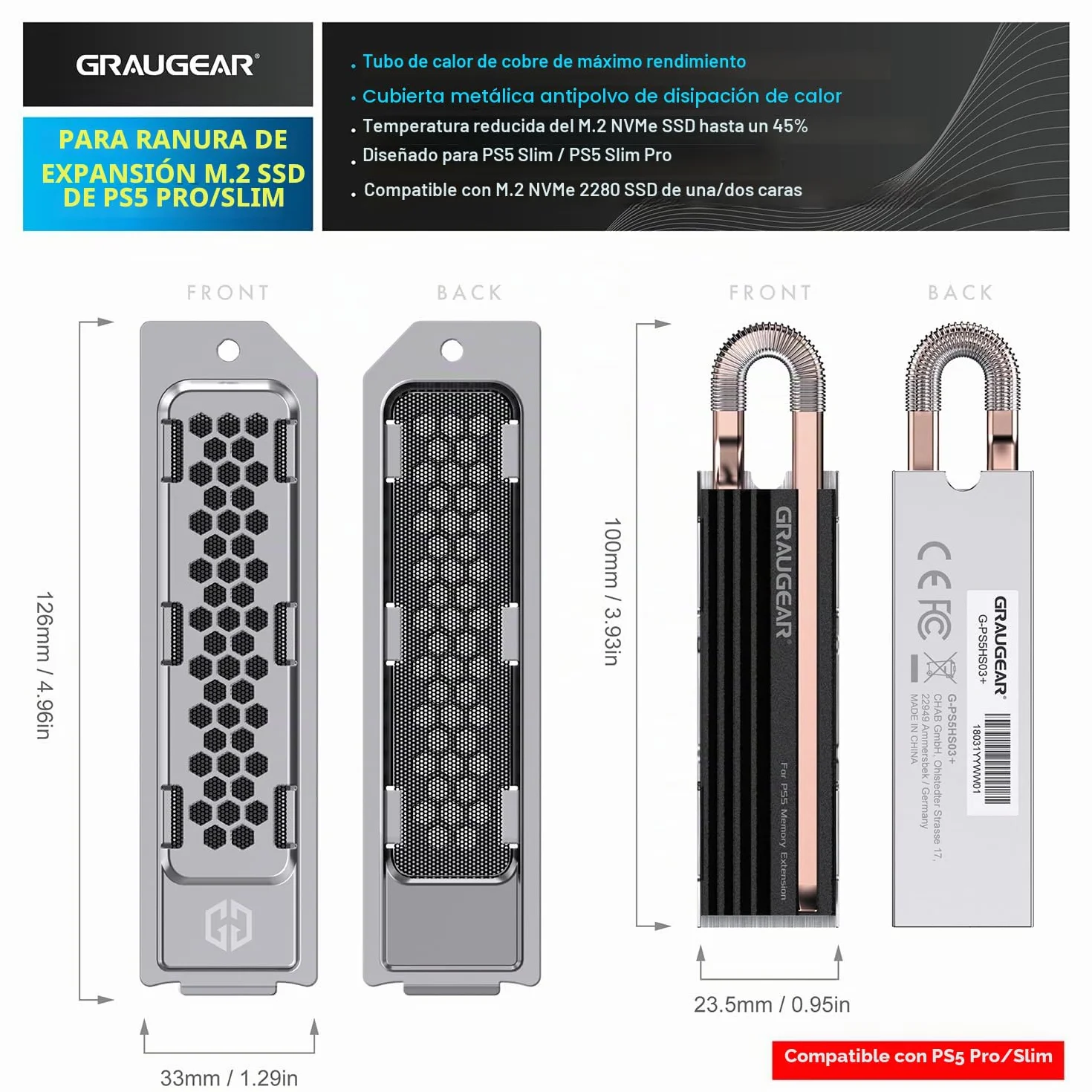 GRAUGEAR HeatPipe para SSD M.2 NVMe (2280), PS5 Pro y PS5 Slim, para expansión de memoria Playstation con cubierta a prueba de polvo