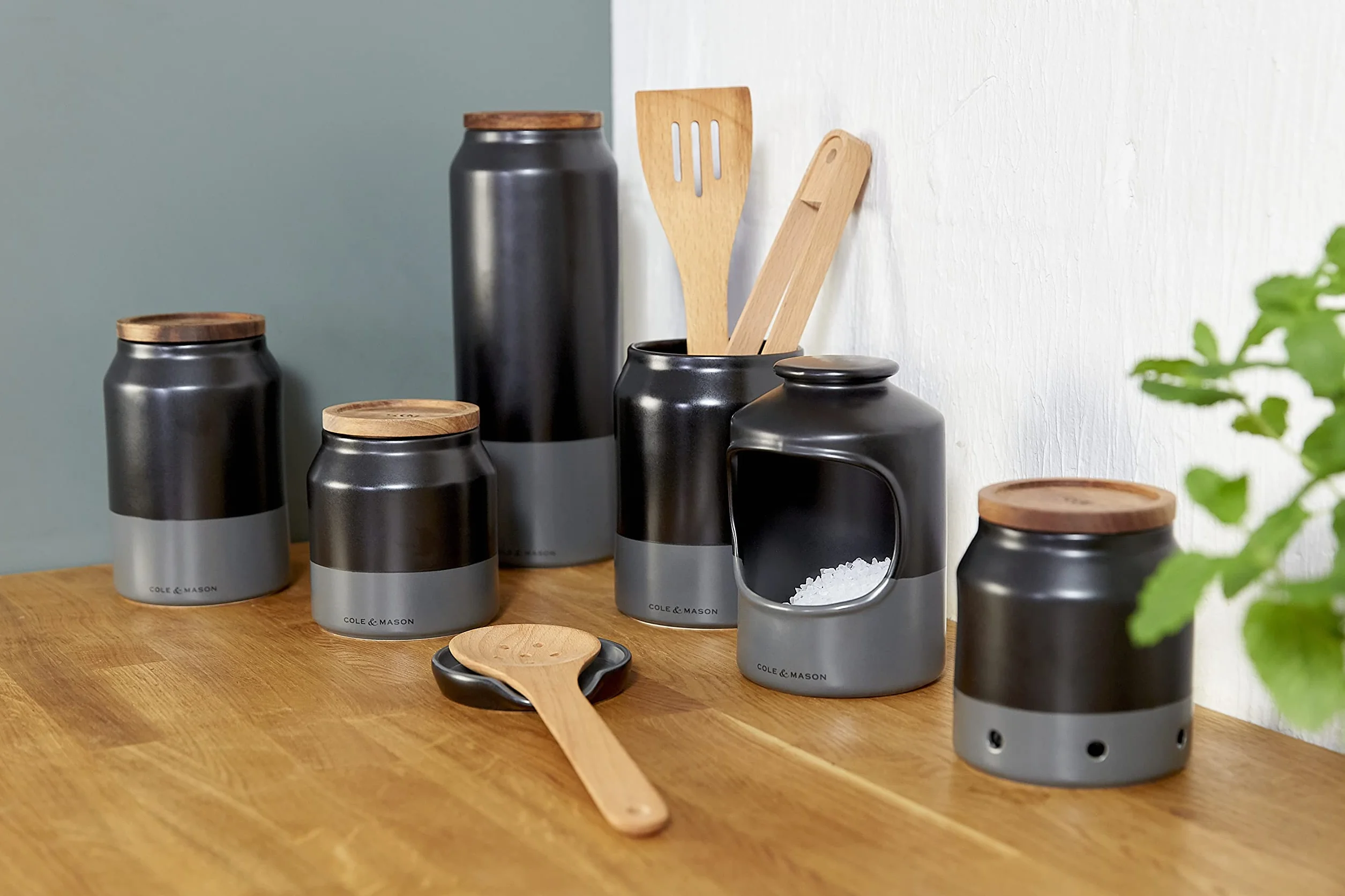 Cole & Mason Duxford Reposa Cucharas Cocina Negro/Gris Soporte Cuchara Madera 20mm x 105mm Cerámica