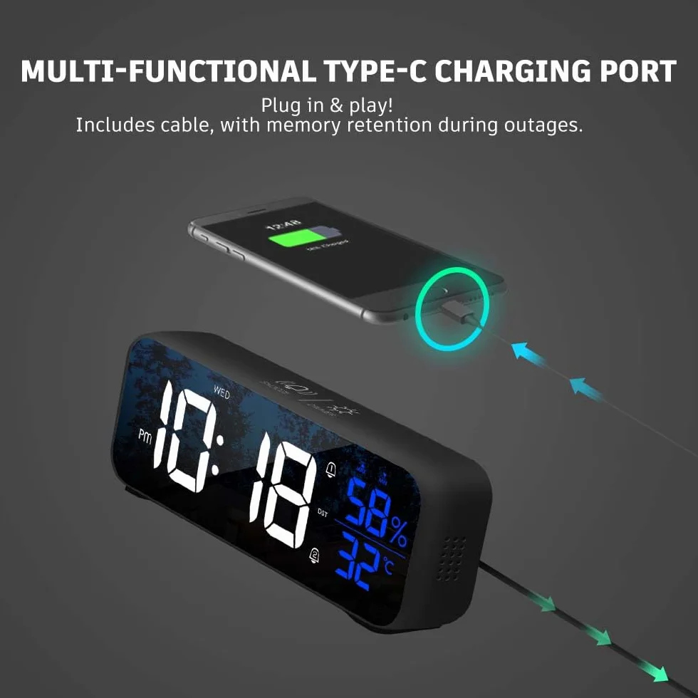 Despertador Digital LED con Temperatura, Brillo Regulable y Snooze