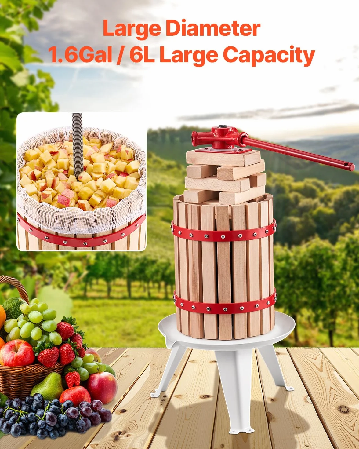 VEVOR Prensa de Vino de Frutas 6 L, Cesta de Madera Maciza, Exprimidor Manual, para Sidra, Manzana, Uva