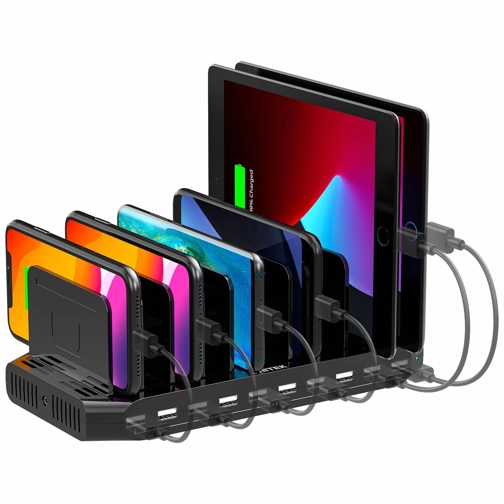Unitek - Estación de Carga (60 W, 10 Puertos, estación de Carga USB, multidispositivo, con separadores Ajustables y SmartIC, Compatible con teléfono, Tableta y más