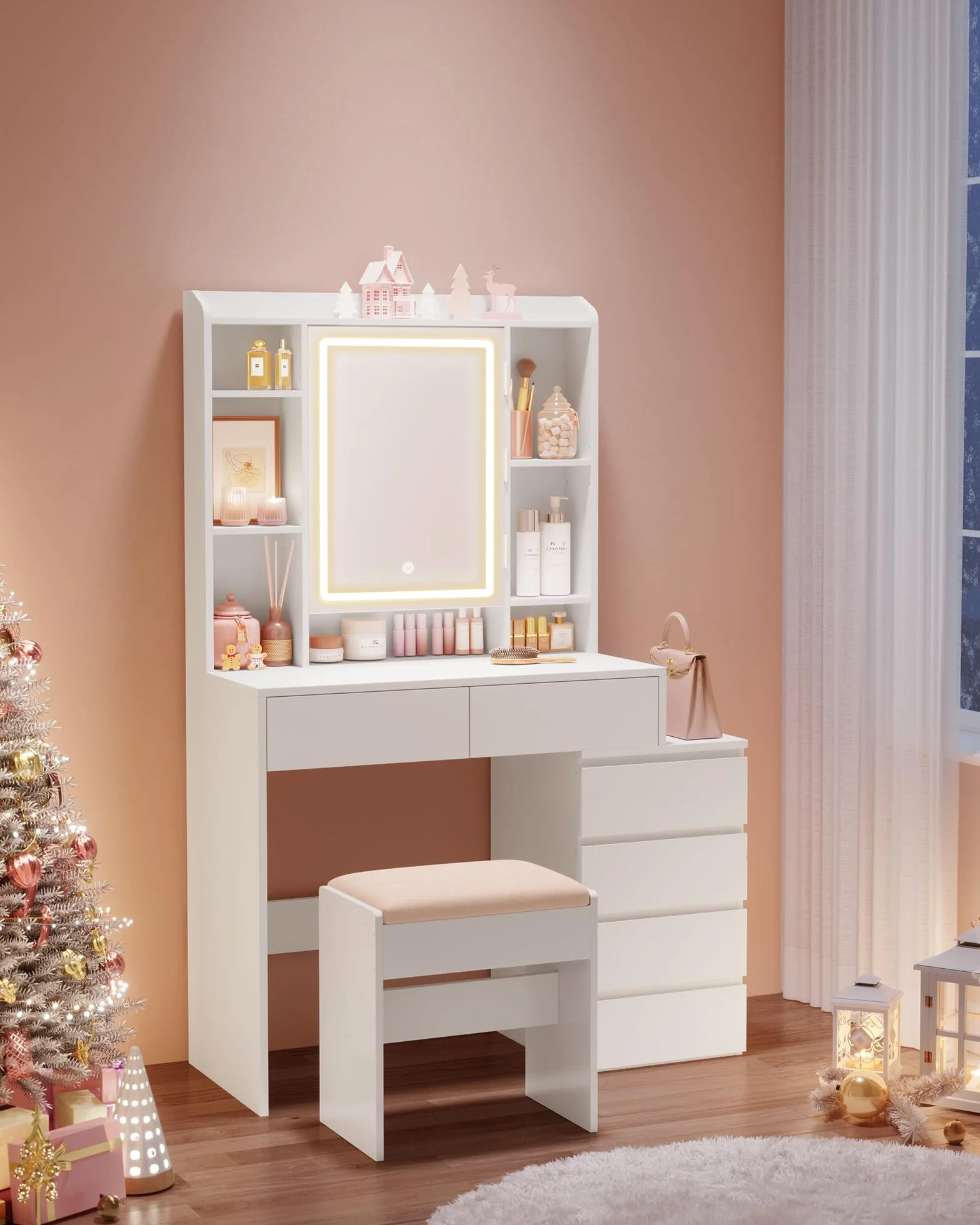 VASAGLE Kailyn Colección Tocador con Luces LED Mesa de Maquillaje con Espejo 40 x 97,5 x 145 cm Blanco Nube