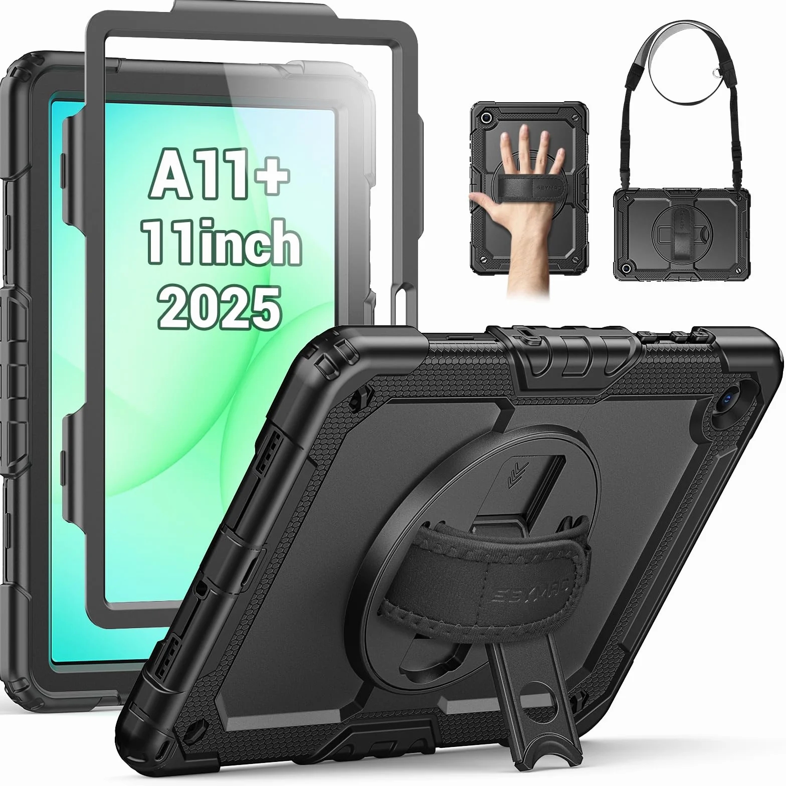 SEYMAC Funda para Samsung Galaxy Tab A11+ Plus 11" 2025 (SM-X230/X235/X236B), Funda Anticaída con Protector de Pantalla, Soporte Giratorio 360°, Correa de Mano y Hombro, Soporte para Lápiz, Azul