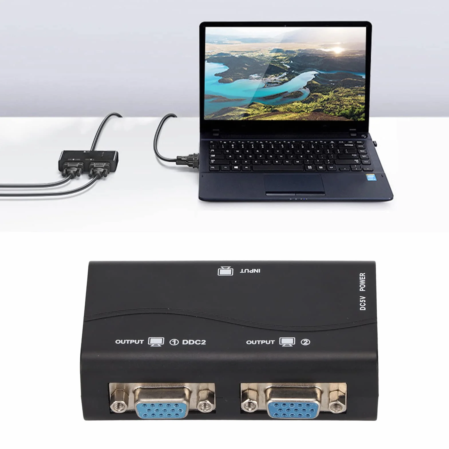 1 en 2 Salidas 250mhz vga Splitter 1920x1440 1080p Video Splitter Vga Video Cable Interfaz chapada en Oro USB Alimentado para duplicación de Pantalla