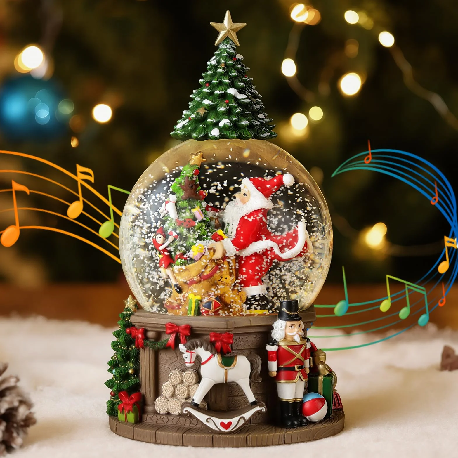 Lewondr Globo de Nieve Navideño, Caja de Música Eléctrica Reno con Chimenea y Papá Noel, Decoración de Navidad
