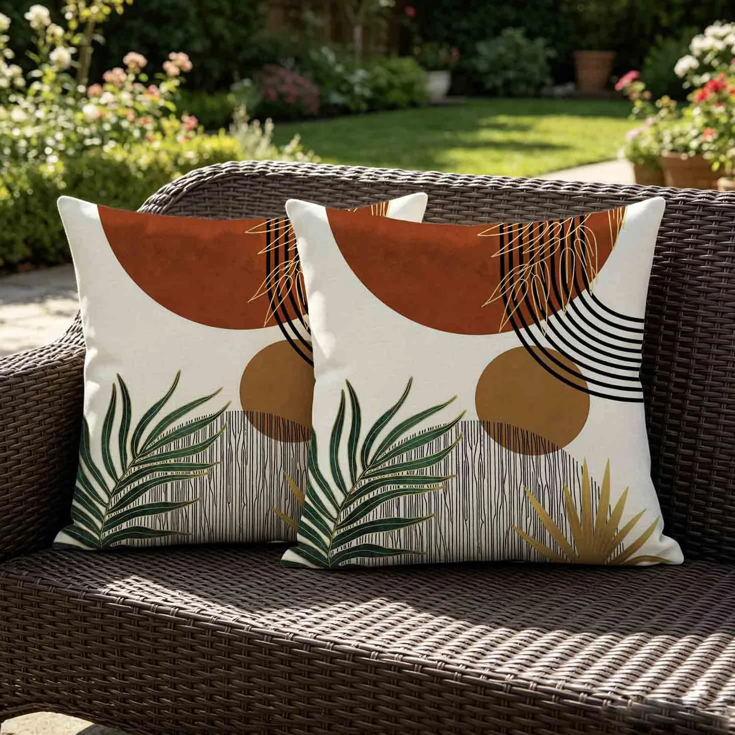 Funda Cojin 40x40 Exterior Impermeable Boho Naranja Decorativa Geométrica Abstracta Juego de 2