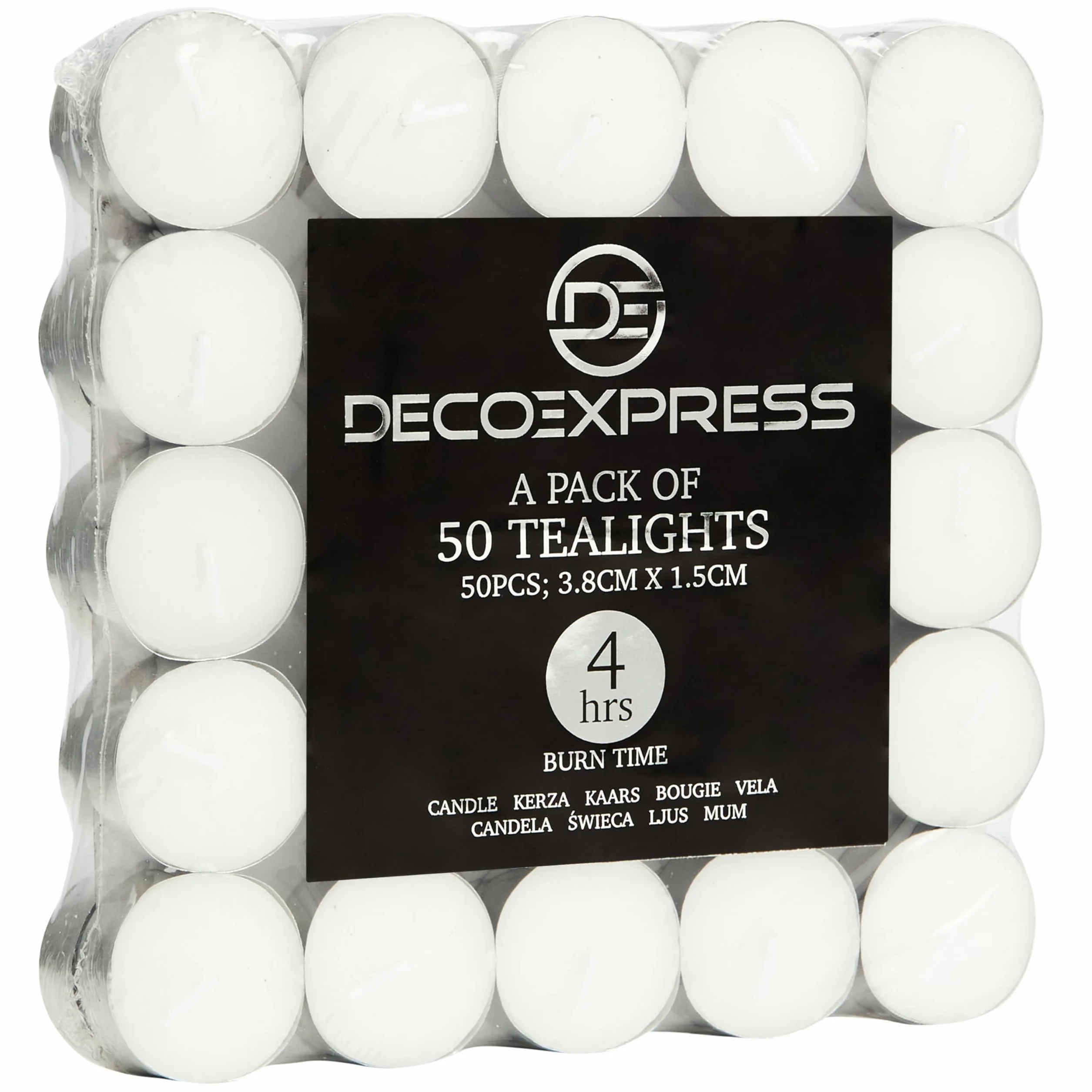 DECO EXPRESS Juego de Velas de 24, 25, 50, 100, 200, Velas Larga Duracion 10, 8 o 4 horas (Blanco 50/4 horas)