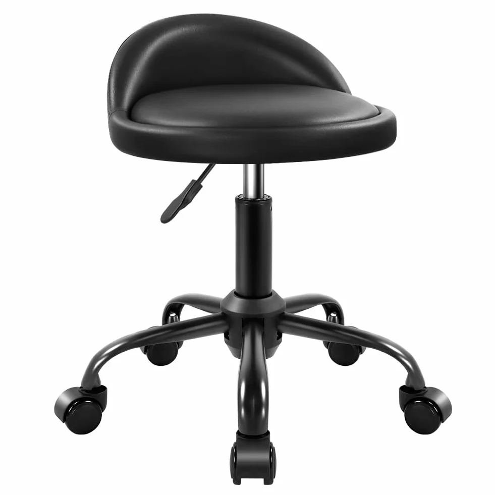 KKTONER Taburete rodante con Respaldo, Altura Ajustable, Silla Giratoria, Piel sintética, Pequeño (Negro)