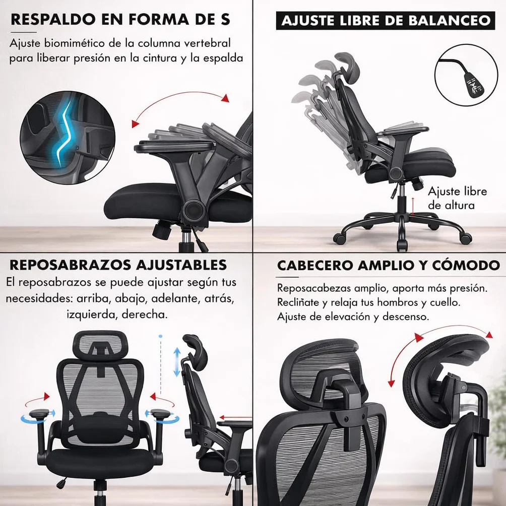 Silla de Oficina Ergonómica Profesional con Soporte Lumbar Ajustable, Reposacabezas Regulable, Reposabrazos 3D, Respaldo de Malla Transpirable, Ruedas 360º