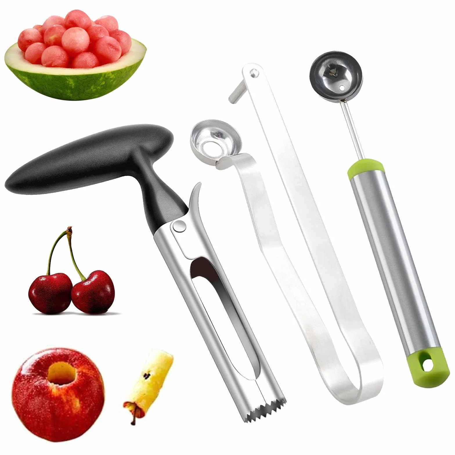 Descorazonador de Fruta, Juego de 3 Piezas de Acero Inoxidable, Removedor de Manzanas y Cerezas