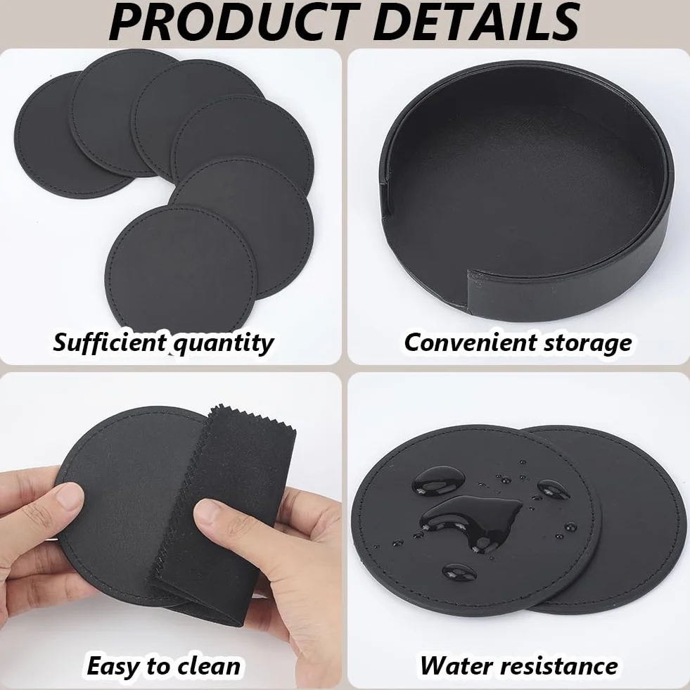 Posavasos de Cuero Sintético de 6cm Redondos Negros Antideslizantes con Protección contra Derrames