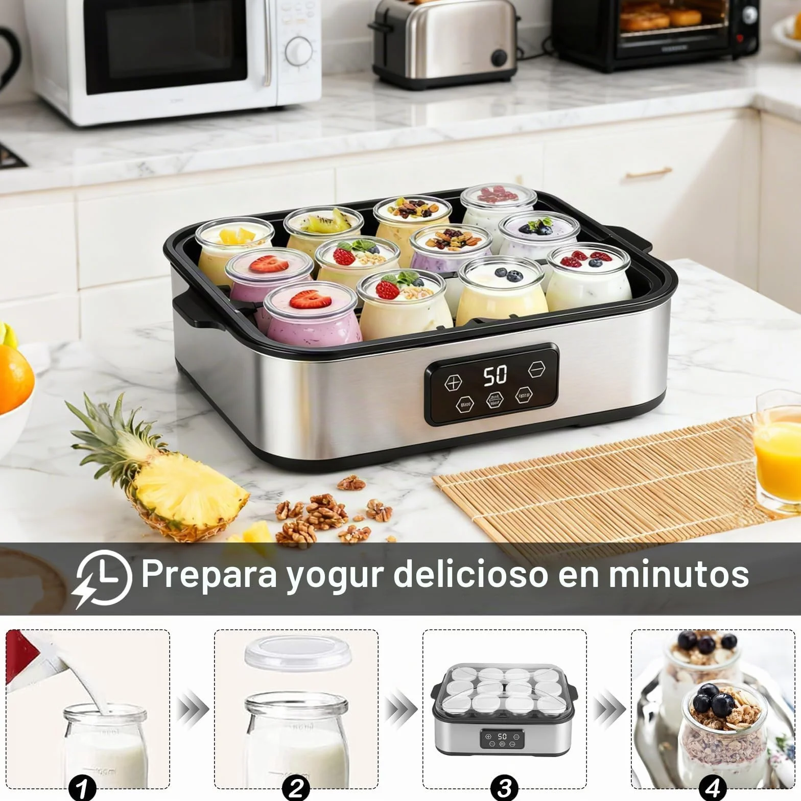 Yogurtera Digital 2,2 L, Máquina para Hacer Yogur con Tarros, Temperatura Constante 20-55 °C, 12 × 180 ml