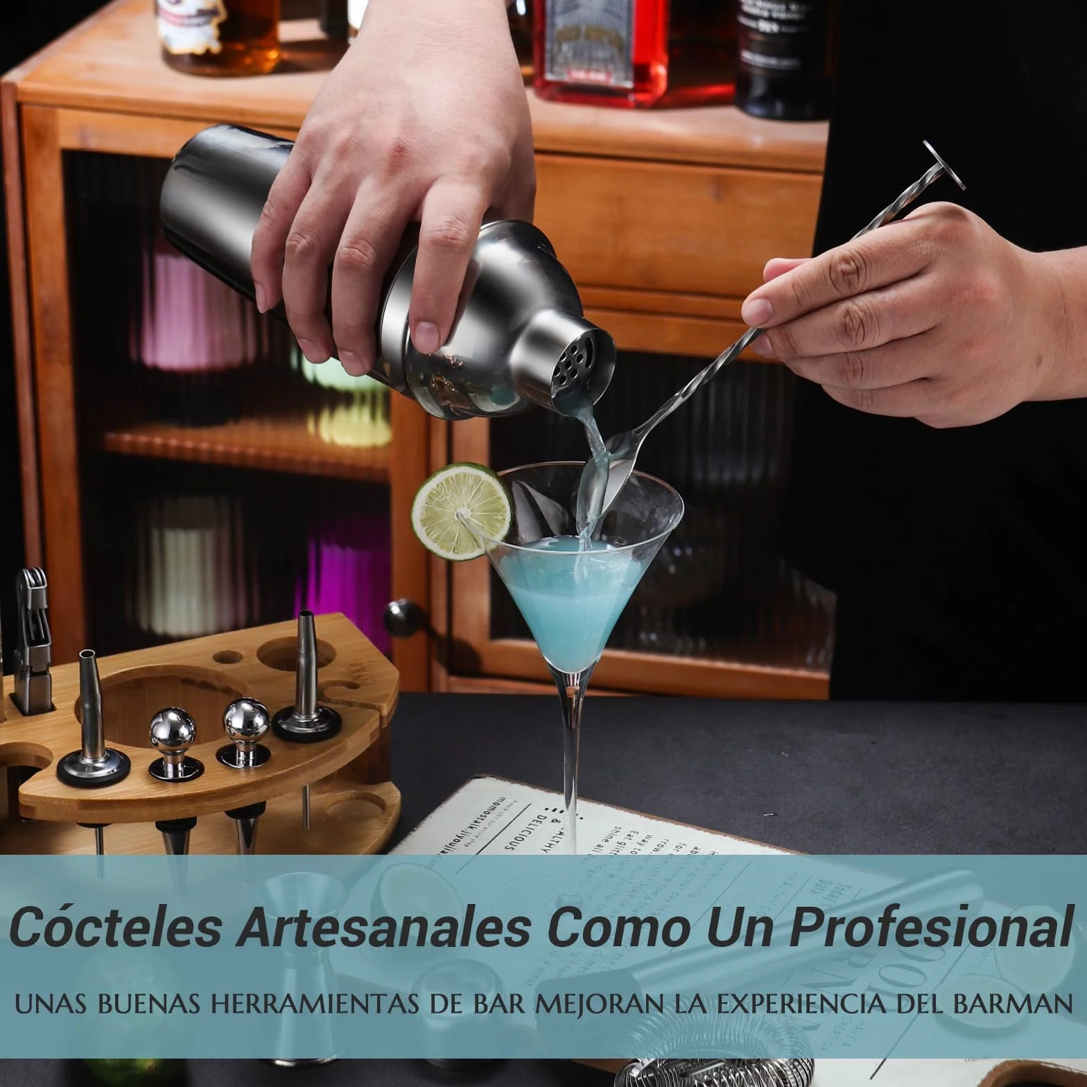 Coctelera Kit de Acero Inoxidable 12 Piezas con Shaker 750 ml, Soporte Incluido