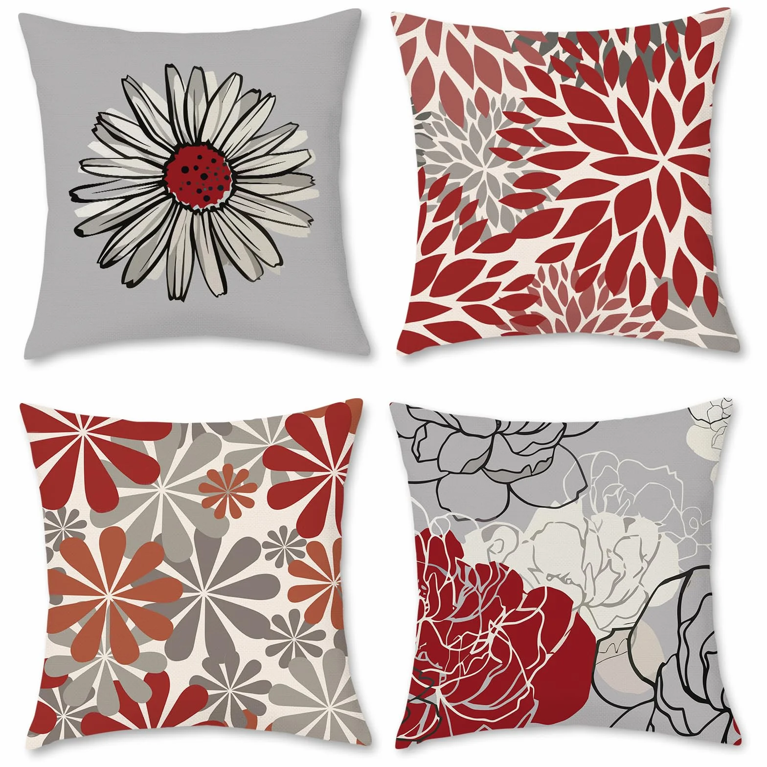 Fundas de Cojín 45x45 cm Lino Natural Blanco Diseño Margaritas Gris Rojo Transpirables Resistentes para Sofá